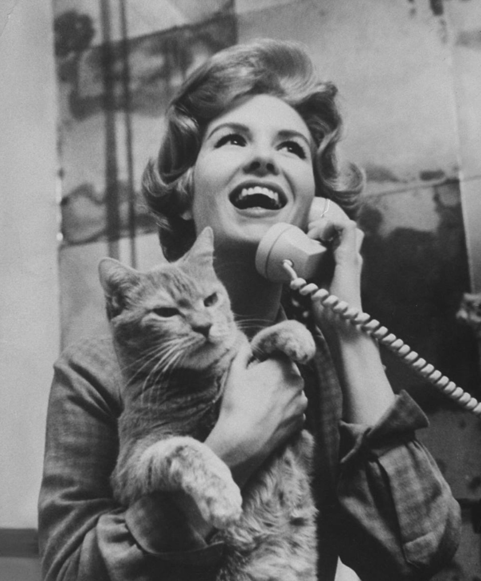 Black and white photo of a beautiful young white woman laughing into a telephone. Under one arm she is holding up a shorthaired tabby cat with a look of extreme disgruntlement and disgust on its face.