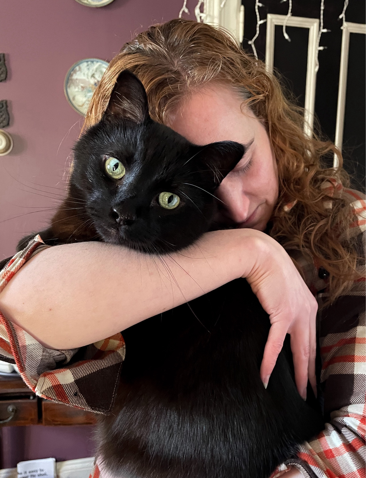 Photo of me, 47 year old white lady with curly light brown hair, hugging a gorgeous, glossy black shorthaired cat with beautiful green eyes.