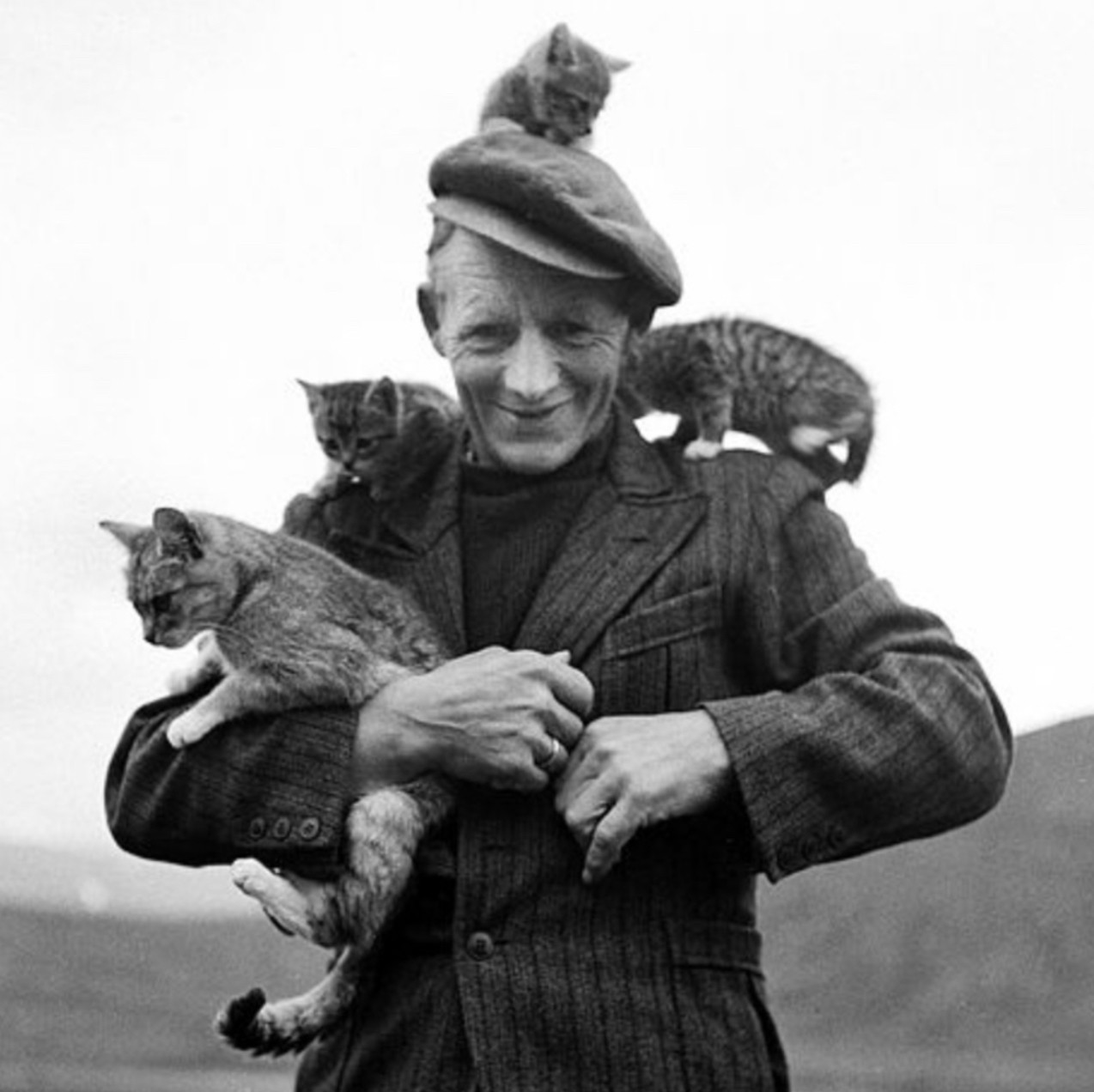 Black and white photo of a slim, smiling elderly gent in a cap and pinstriped wool suit, with a tabby kitten on each shoulder and one on top of his head, and an adult tabby draped over his left arm.