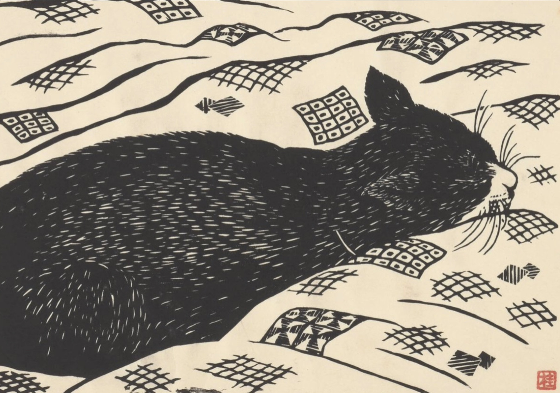 Woodcut print of a shorthaired tuxedo cat sleeping snuggled deep in a quilt or other type of bedspread with square patterns on it. Very bold, black lines on off-white paper. The cat just looks so cozy and snug in the folds of the blanket!