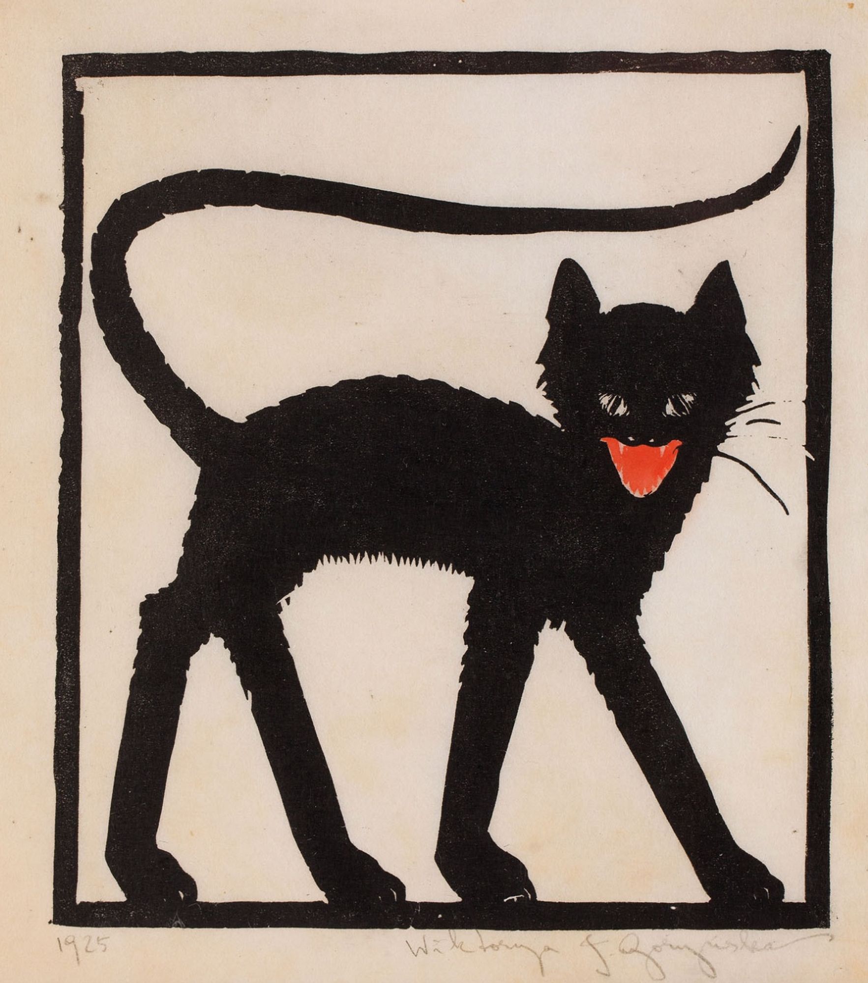 Very simple but expressive print woodcut print of stylized slim black shorhaired cat standing in profile, arched a little like trying to appear bigger with its slim tail curving over its whole body like a whip. The cat looks directly at a viewer, seeming to hiss or meow with a wide open red, fanged mouth. She doesn't look fearful to me, more like a confident "you can't handle this".