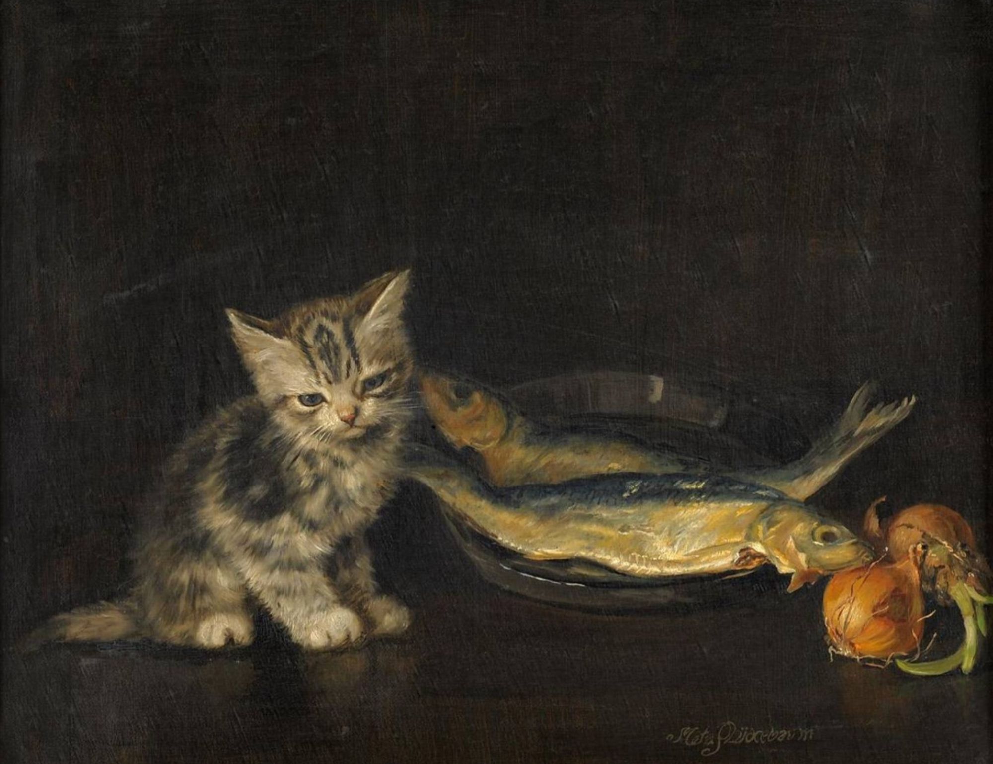 A dark oil painting of a grey tabby kitten sitting next to a plate of two fish with two onions sitting next to it. The kitten looks completely disgusted with the situation.