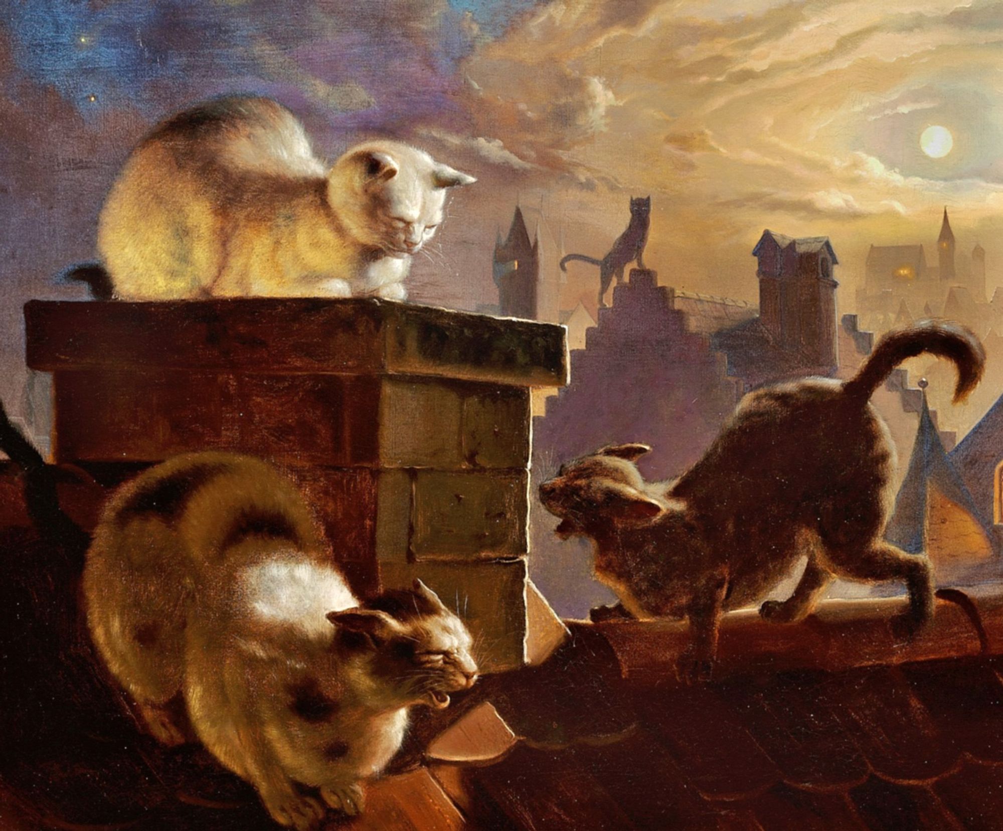 A richly detailed oil painting of three cats close together on a rooftop, bathed in bright moonlight. One shorthaired white cat sits placidly on top of a chimney, while two other yowl and prance below it. Another cats on a distant roof tries to see what's going on.