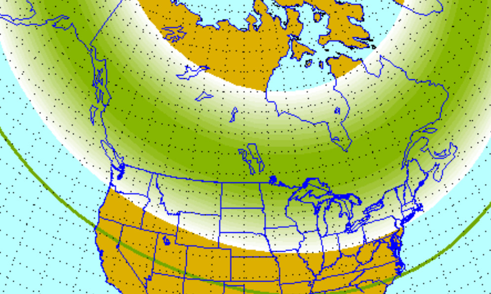 Screenshot of a map showing where the Aurora borealis is likely visible right now, in the form of a pale green band that fades to white around the edges. It covers most of Canada and dips down into the northern United States.