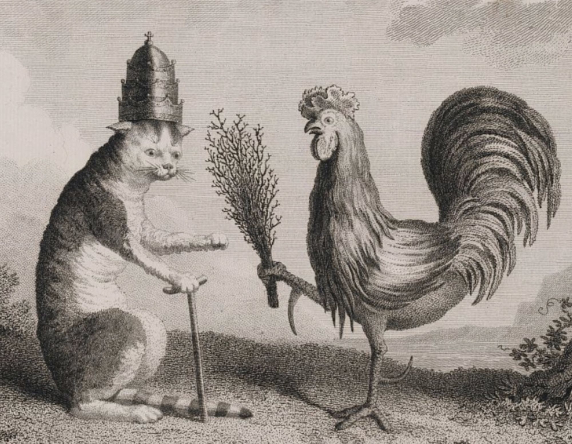 Detailed etching on off white paper. A rooster stands on the right, holding out a bundle of twigs like an offering. A shorthaired white and tabby cat on the left is looking at the viewer and accepting the twigs - it is wearing an ornate, layered papal tiara and leaning on a walking stick.