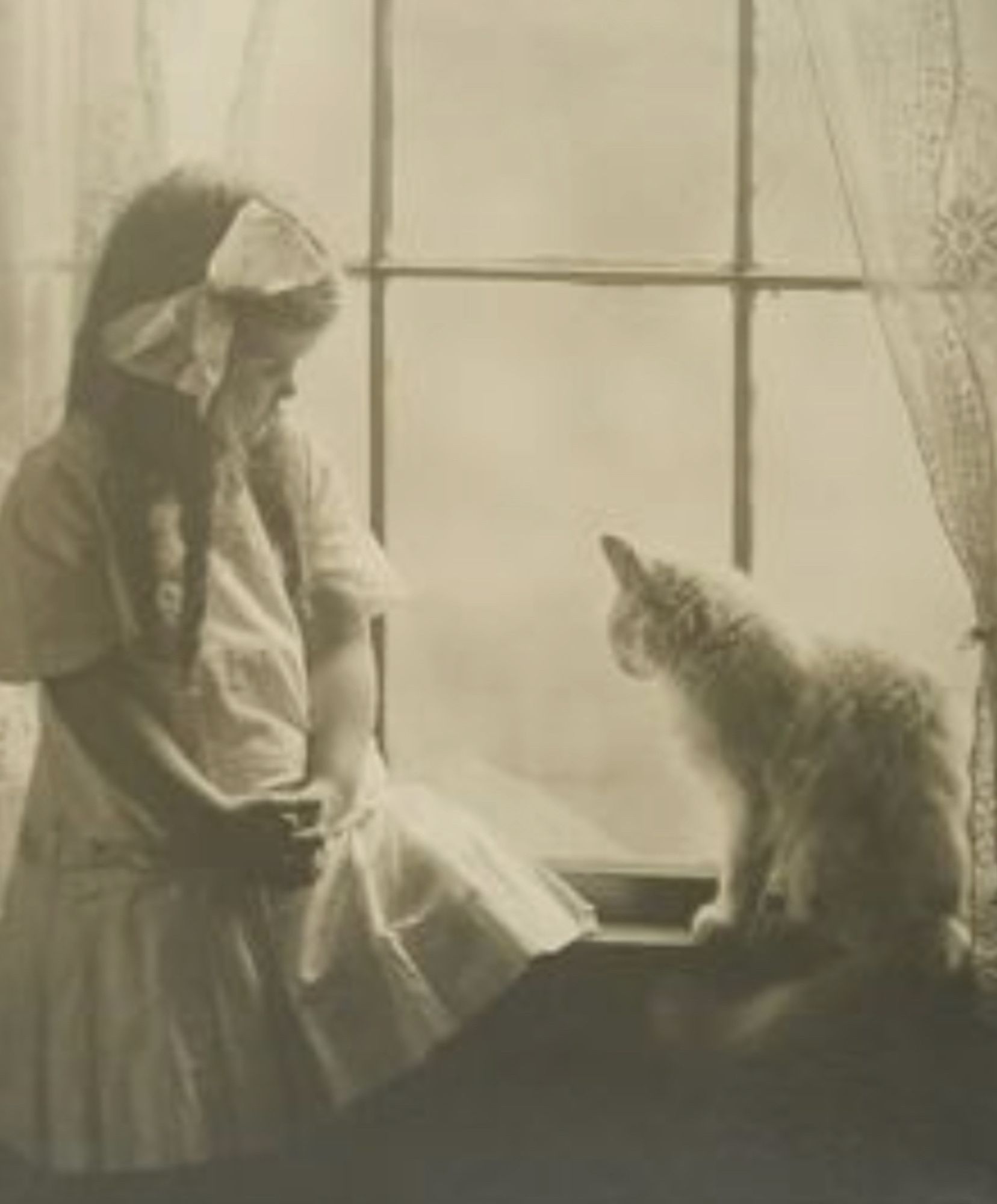 Black and white photo of a young white girl in light colored dress, a large bow in her hair, sitting on a windowsill and looking thoughtfully at a medium haired white cat beside her. The cat is gazing calmly out of the window.