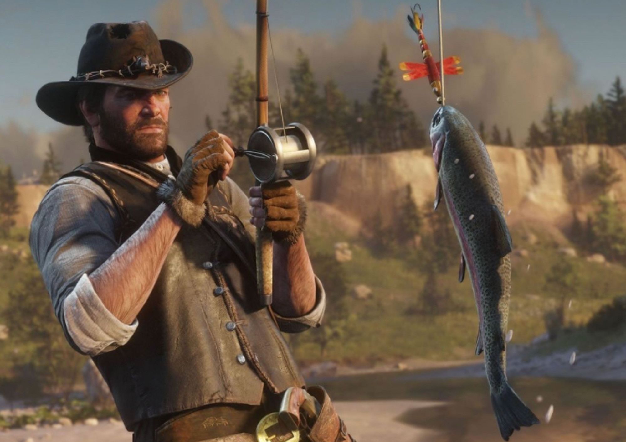 Screenshot from the video game red read redemption 2 showing the main character Arthur Morgan reeling in a fish. Arthur is dressed in shabby turn of the century cowboy clothing.