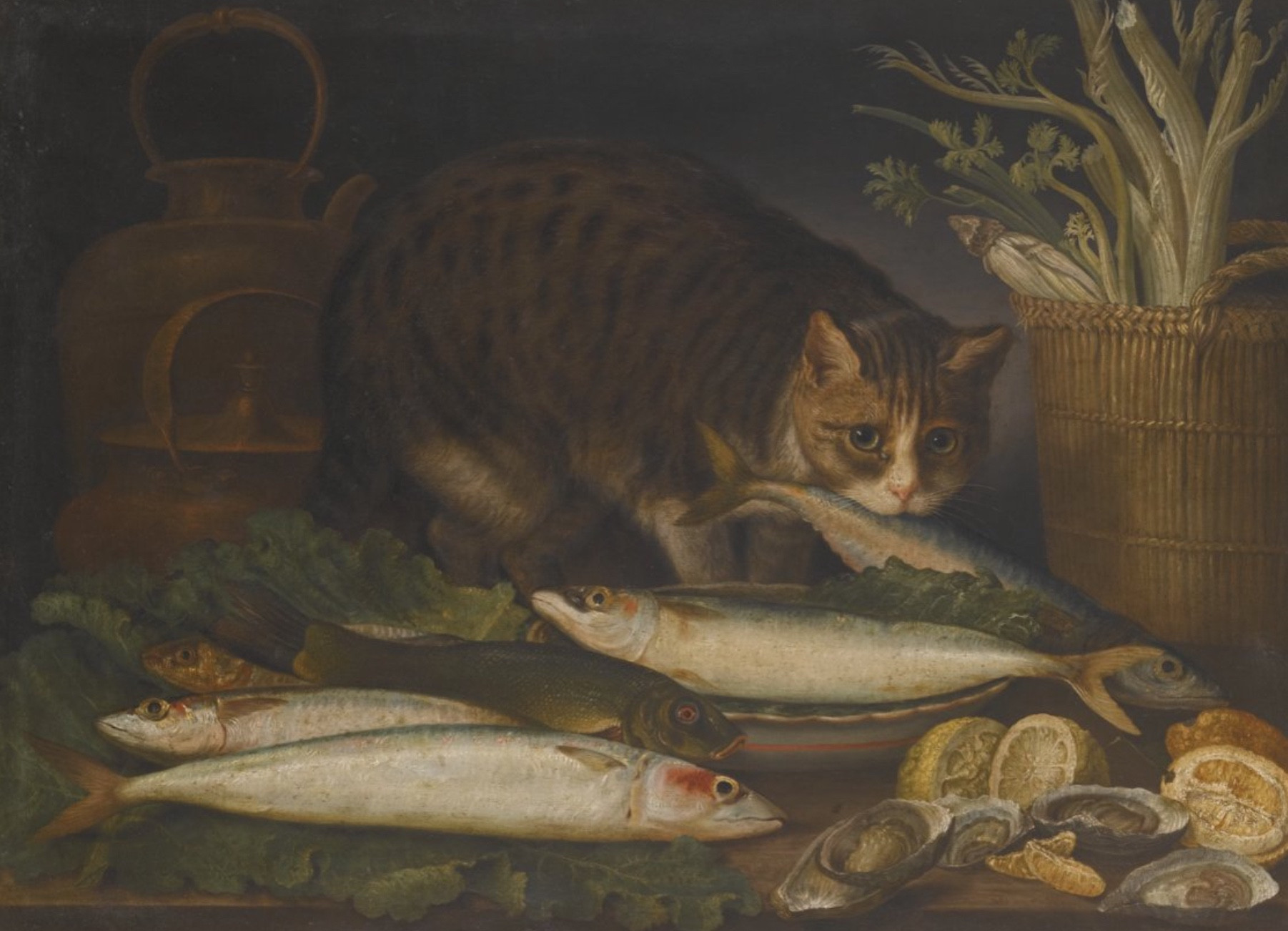 Oil painting of a table where it seems food preparation is taking place. Whole raw fish, a few oysters, some lemons,greens,  kettles, and a basket of celery are displayed. Standing on the far side of the table is a shorthaired brown tabby and white cat with a fish in his mouth. This cat is adorable and looks straight at the viewer with a very worried expression, as if just caught in the act and unsure of its next move.