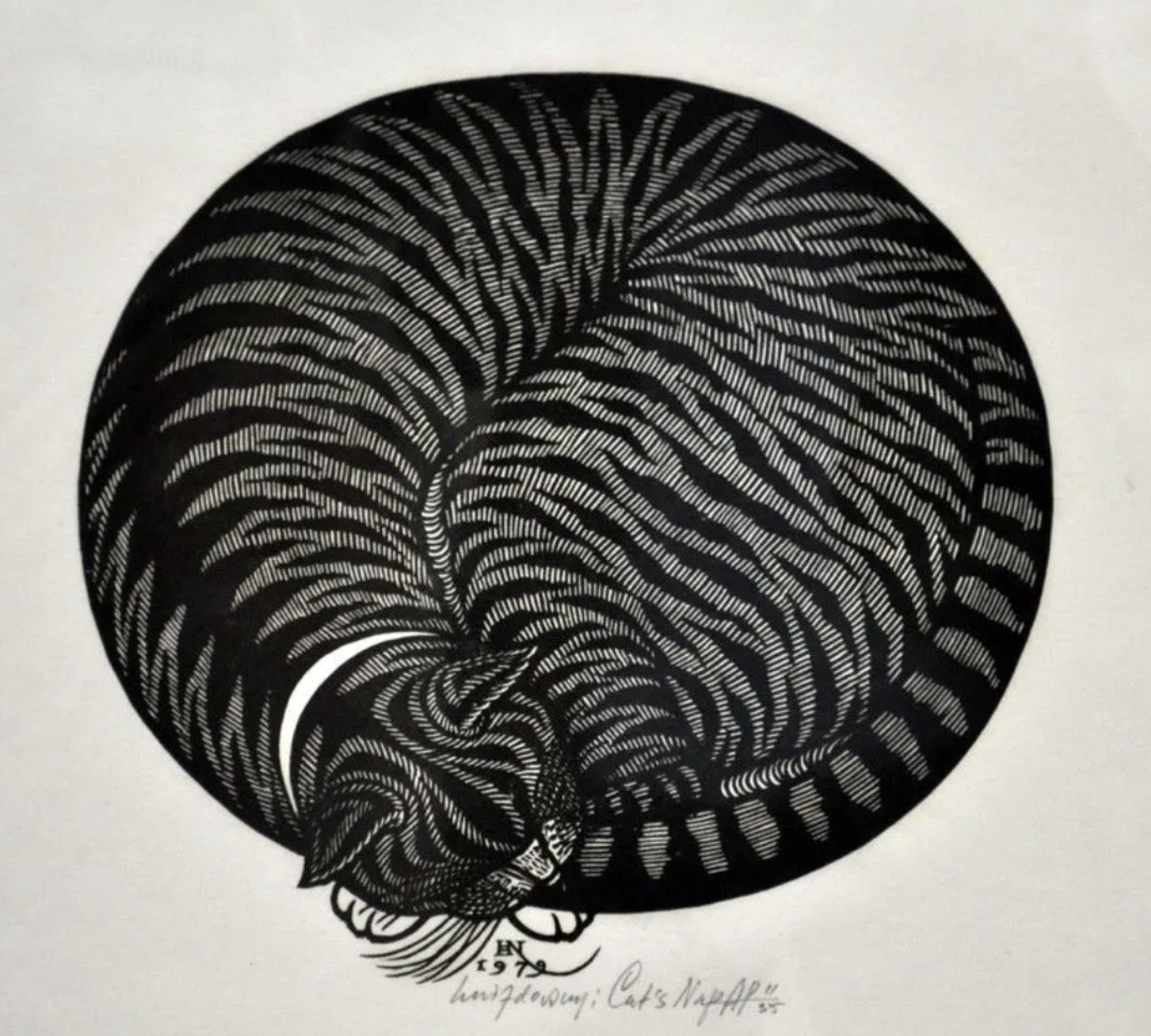 Incredibly detailed woodcut of a tabby cat asleep, curled up in a ball. It is highly stylized so the cat is almost perfectly circular in shape, forming a hypnotic ball of striped pattern that almost seems to undulate. The cat is snoozing peacefully while its bold tiger stripes and the perpendicular fine lines in between them put on a mesmerizing display.