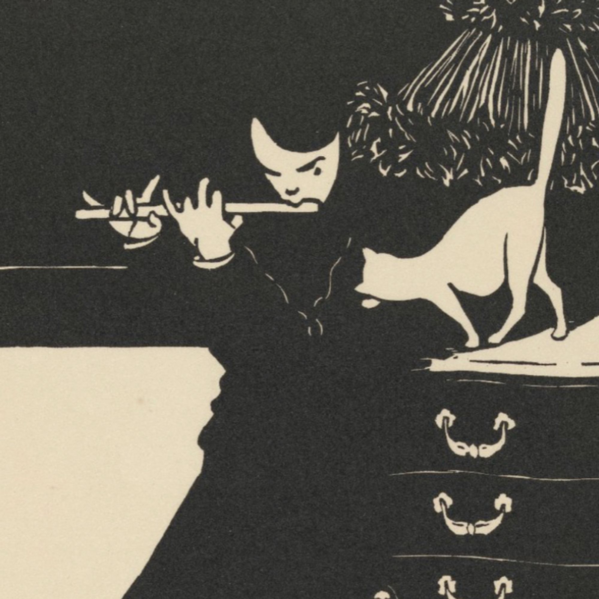 A black and white woodcut print - truly black and white, 100% contrast with no illusion of greyscale. A young woman (I think?) is seated next to chest of drawers playing a flute. She has an annoyed expression on her face and a white cat stands on top of the chest beside her, tapping her with its paw as if trying to get her attention or trying to make her stop playing.