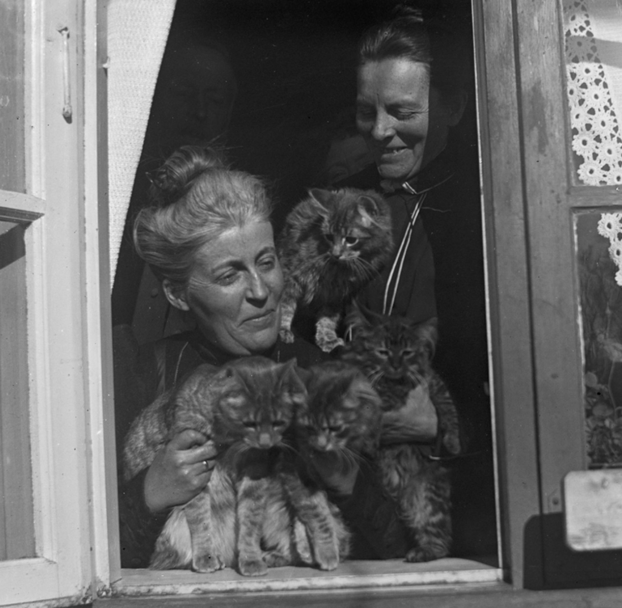 Black and white photo of two laughing white women crowding into an open window while wrangling four very fluffy tabby cats. I think they are orange tabbies. Very faintly in the dark room behind them you can see another woman and a man peeking in on the action.