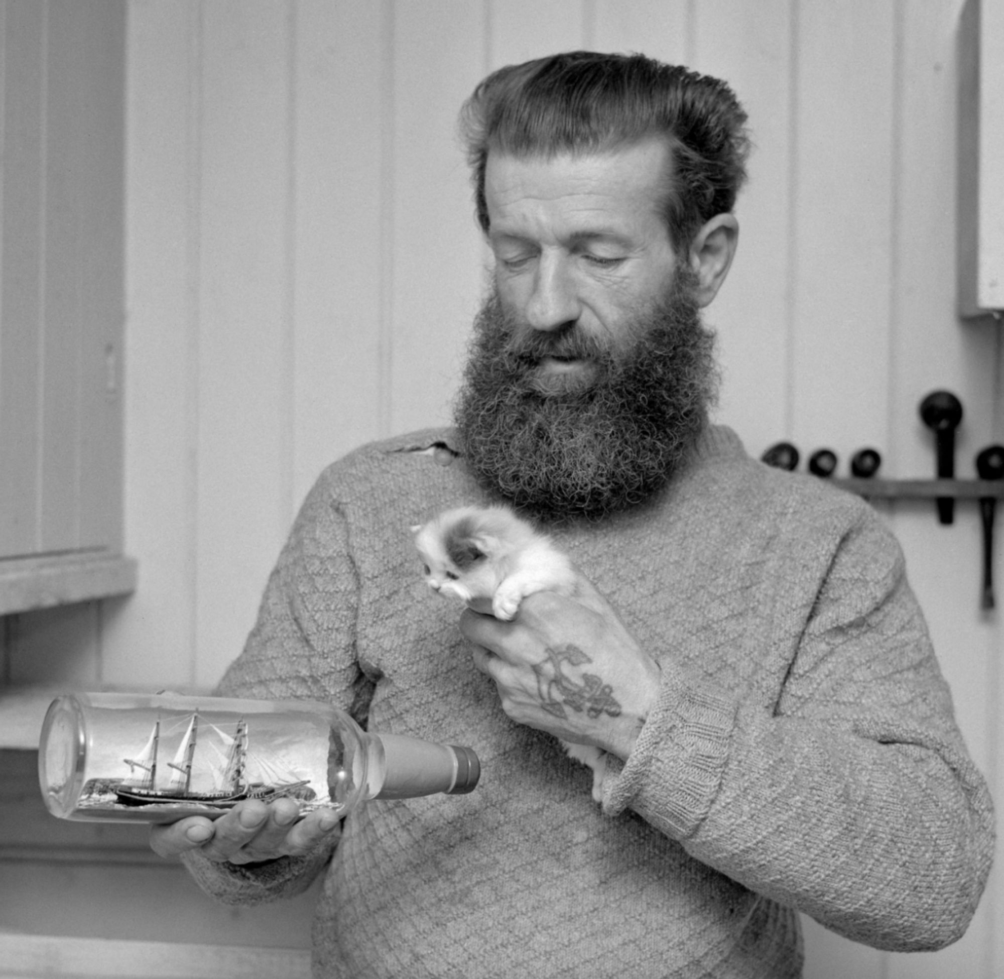 Black and white photo of a middle aged man with a thick, medium length beard, standing in a wood paneled kitchen. He looks affectionately down at the contents of his hands - a tiny model ship inside of a liquor bottle in his right hand, and a tiny white kitten with a dark patch on its head in his left hand. The kitten seems to be looking at the bottle but is probably just trying to squirm away. It looks very young - maybe 2 weeks.