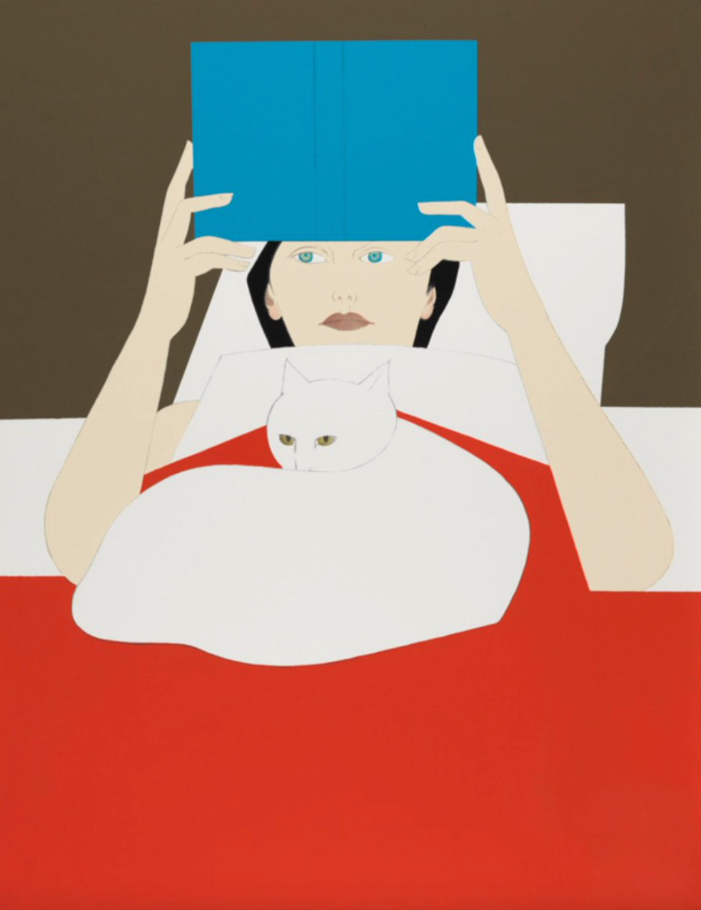 A very bold, stylized, print of a woman lying in bed on her back until a bright red blanket, reading a blue book. She's holding the book up in the air to accommodate a large white cat that is curled up on her chest.