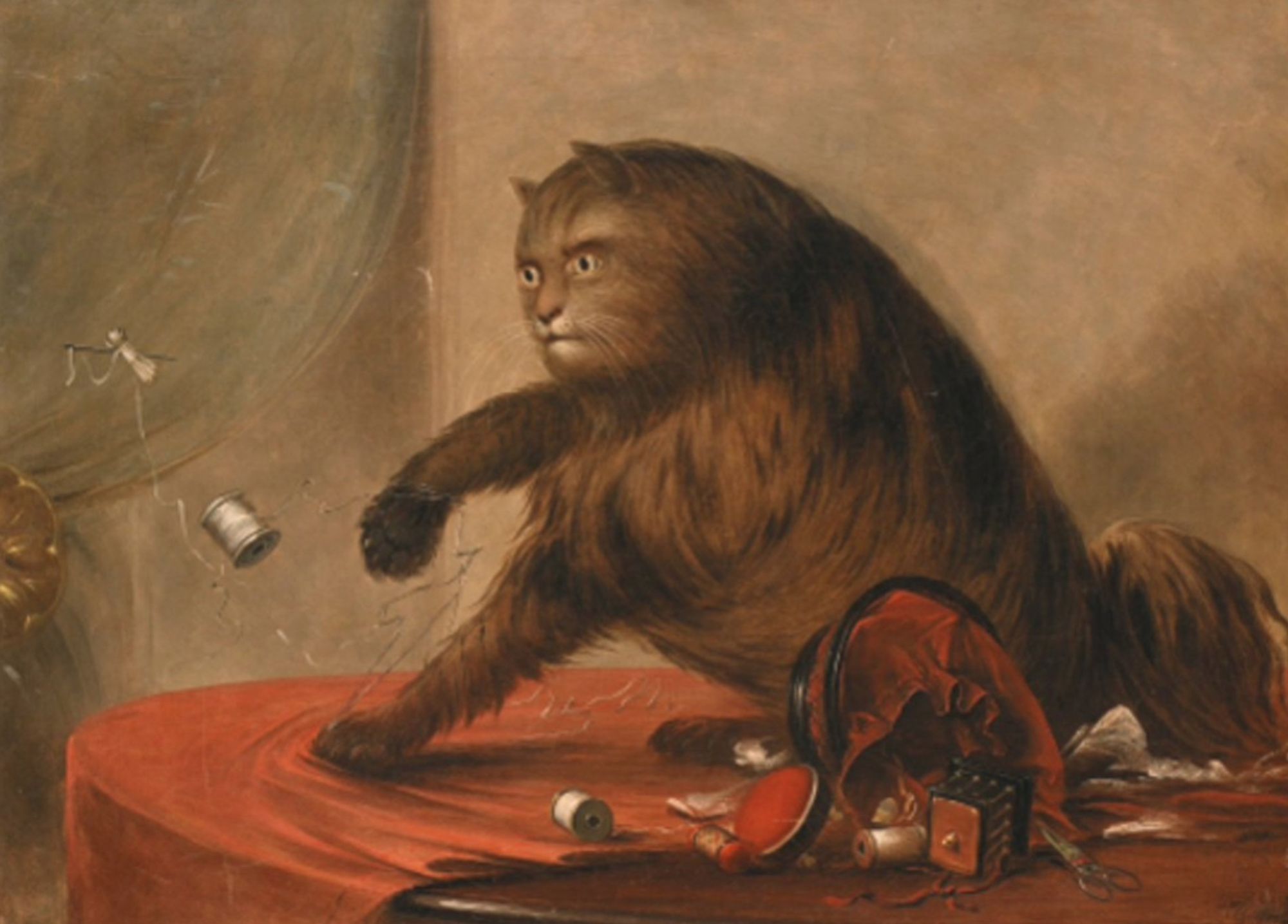 Oil painting of a weird, shaggy, almost werewolf-like brown cat with a somewhat humanoid face. He’s sitting on a table with a red tablecloth, and a sewing kit sits spilled open beside him. A needle and thread fly through the air in front of him and his right paw is held up oddly as if he threw it. His expression is cold and remorseless.