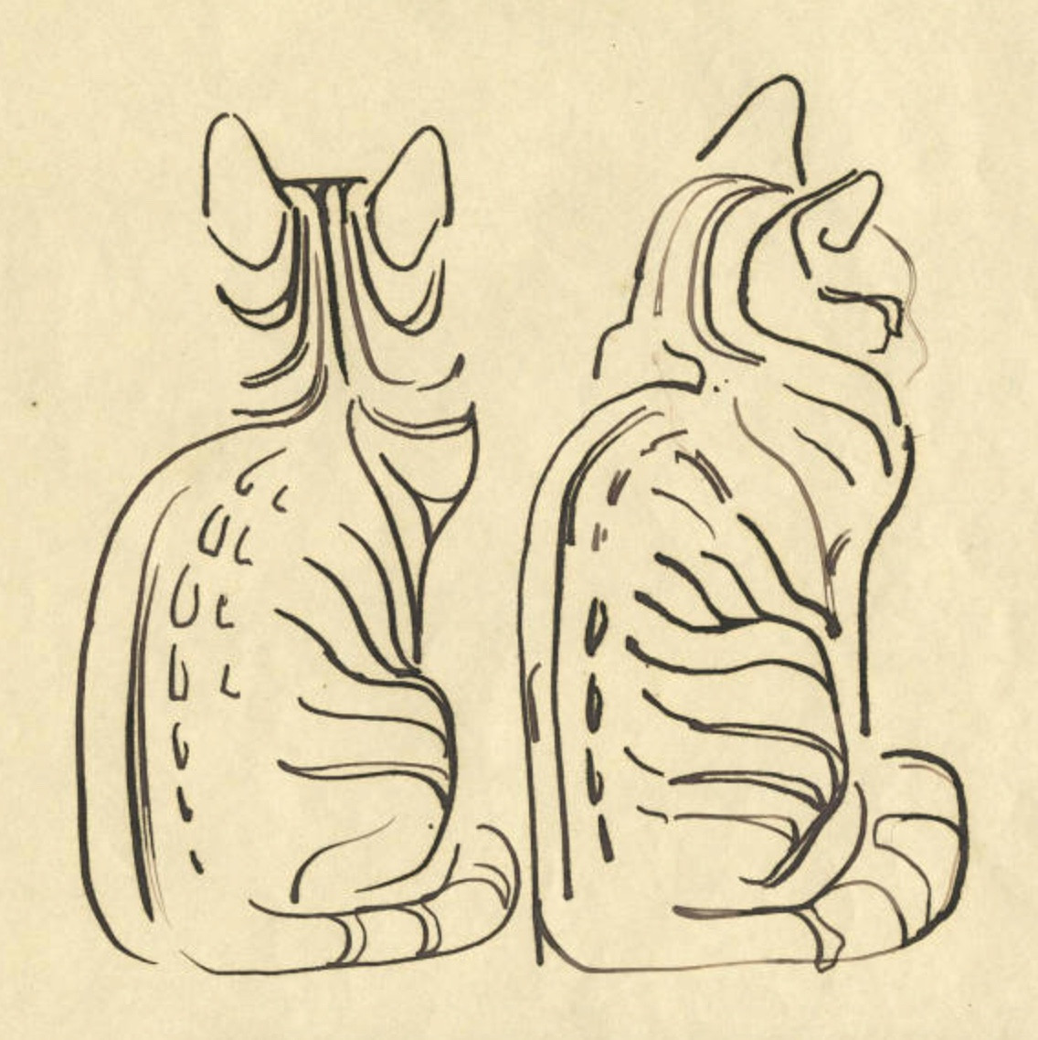 An ink line drawing of two slim, shorthaired tabby cats sitting upright side by side, facing away from the viewer but slightly in profile facing right. The drawing is very simple, elegant, and stylized. Minimal flowing lines emphasize the lines and spots of the distinct tabby coat pattern with very few other details.