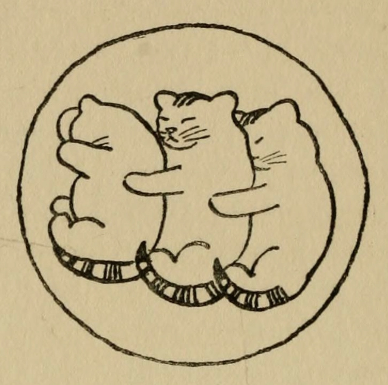 Line illustration of three chubby sleeping cats cozily spooning in a row. They are white with striped tails and some little striped between their ears and framed in a simple circle.