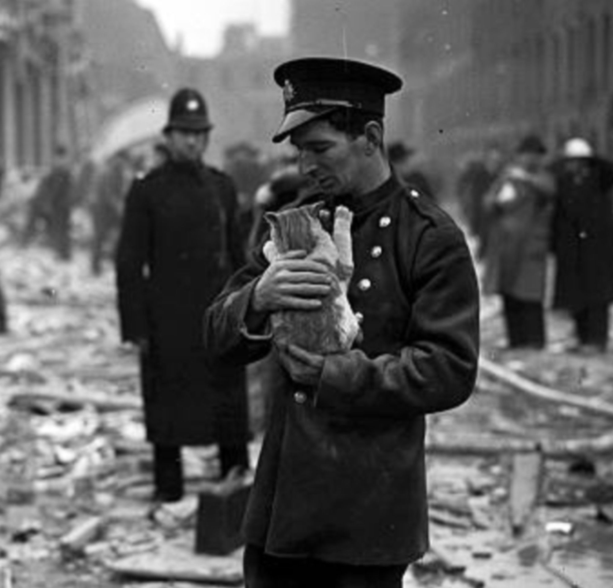 Black and white photo of a white man dressed in a dark uniform with cap. He is looking down at a white and ginger cat that he holds securely in his arms. Behind them is pure devastation, rubble and destroyed buildings and more rescue workers surveying the damage.