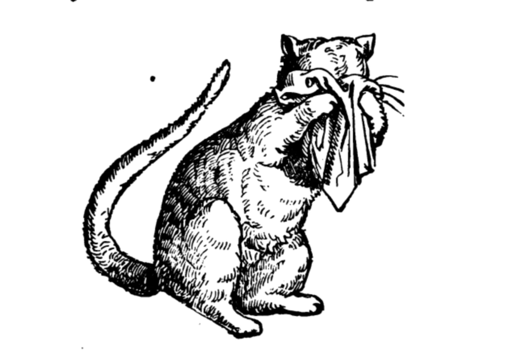 Black line drawing on white paper of a shorthaired tabby cat weeping into a white cloth, presumably a handkerchief.