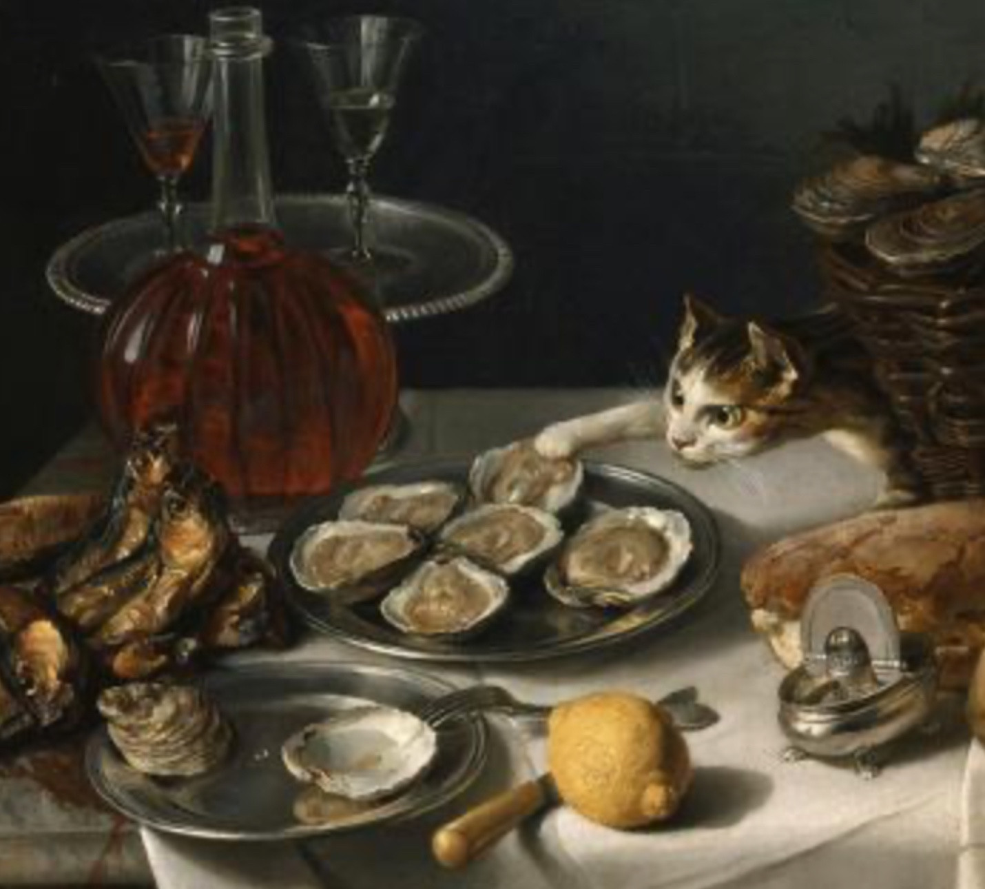 Oil painting of a richly laid table - fish, bread, wine, cheese, a lemon, and oysters on the halfshell arranged on a white tablecloth. A shorthaired white and brown tabby cat peeks out from behind a basket of unshucked oysters, delicately grabbing one oyster and dragging it from the silver platter.