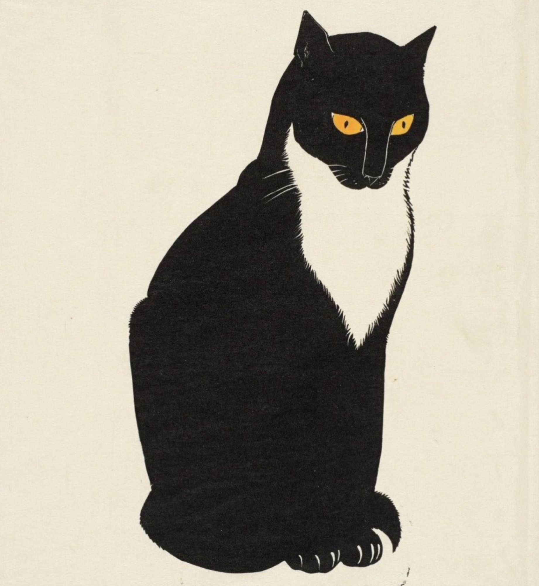 Simple and elegant woodcut print of a tuxedo cat with deep yellow eyes sitting up, printed on off-white paper.