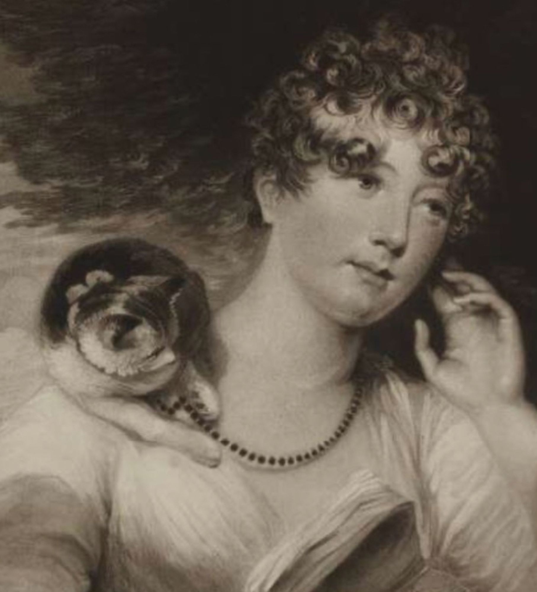 Highly detailed etching of a young woman. It would be a pretty standard portrait of a young lady with a dreamy expression touching her cheek with her left hand while pointing to a novel she's holding in her right, but what makes it special is that there is a kitten sitting on her shoulder energetically attacking her beaded necklace with both forepaws. One can't help but project a feeling of "You are so annoying but I love you" tolerance into the woman's expression.