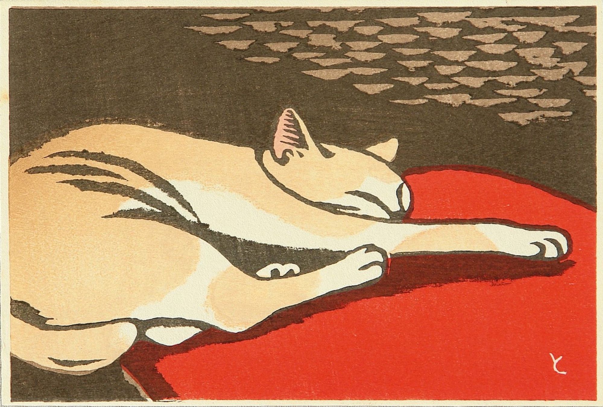 Color woodblock print of a shorthaired ginger and white cat sleeping stretched out on a bright red cushion or blanket. It is quite stylized, the cat is rendered in bold, simple lines that emphasize its long legs and lazy grace.