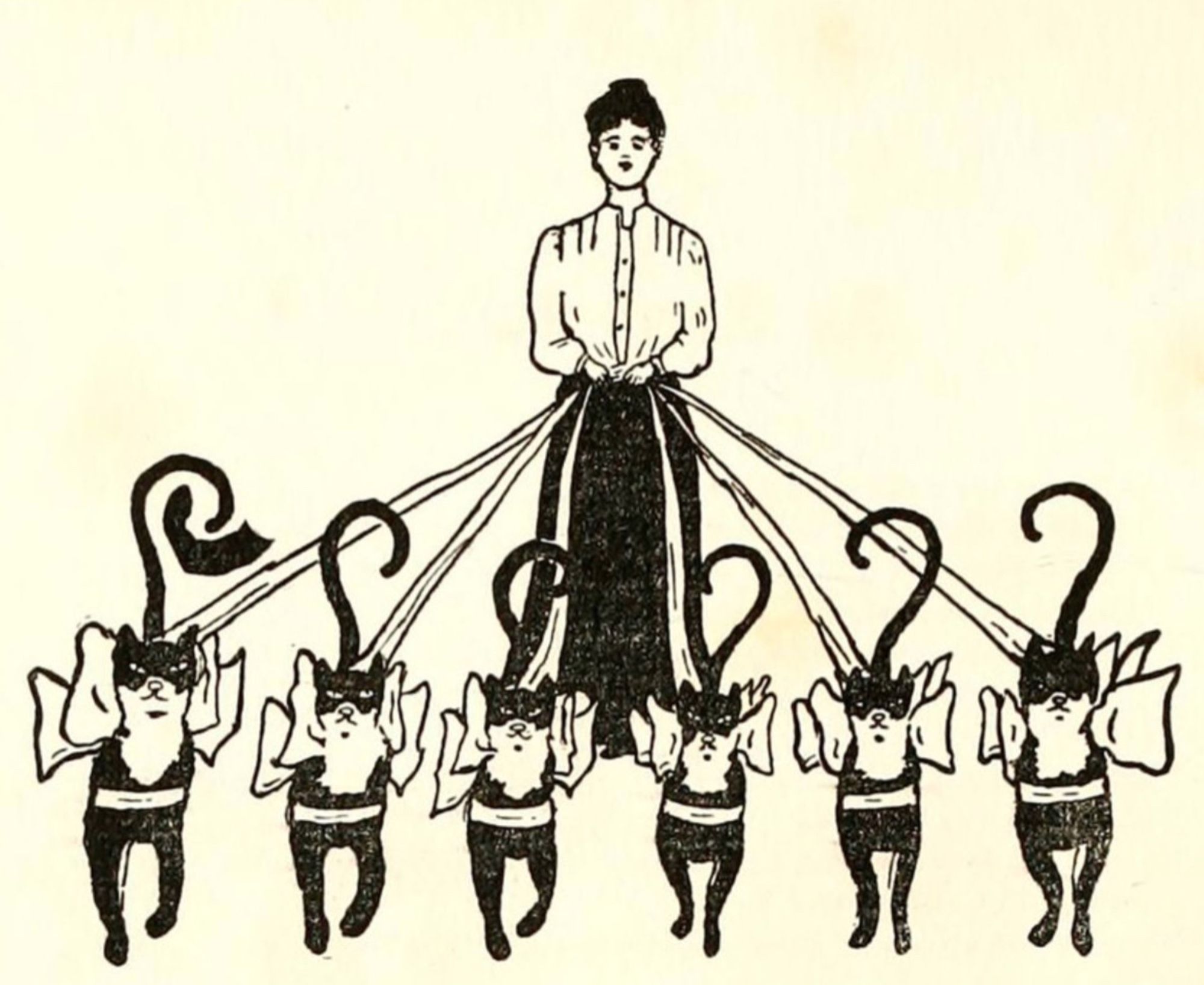 Black ink print on off-white paper. A woman in simple Edwardian white blouse and dark skirt is walking six snooty-looking shorthaired tuxedo cats on long ribbon harnesses that tie with bows on their back. The woman and cat are all facing forward, coming toward the viewer in almost perfectly symmetrical formation.