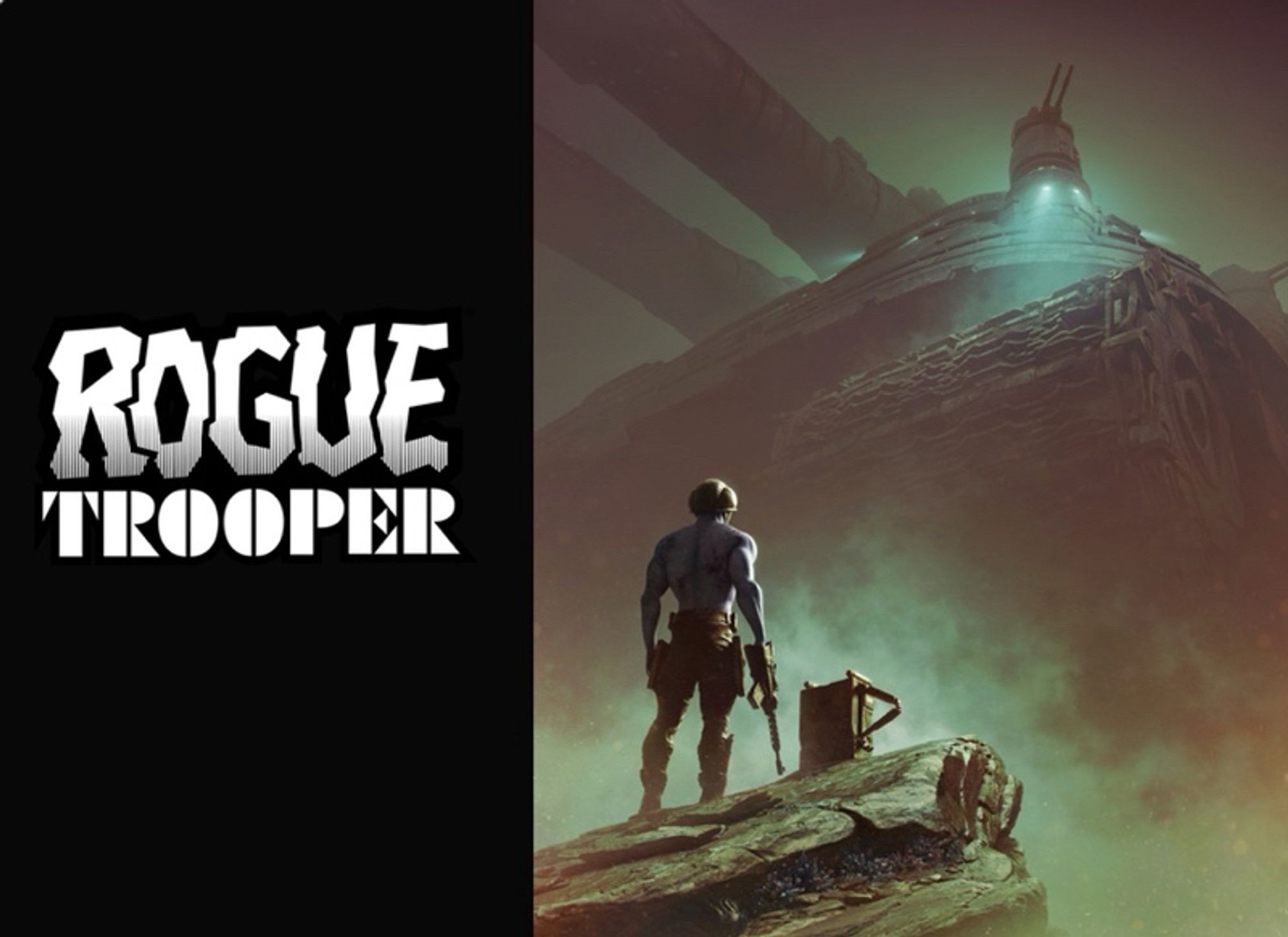 A topless blues skinned man stands in front of of a BIG TANK, A REALLY BIG TANK, accompanied by a backpack with an attitude. This is Rogue Trooper.