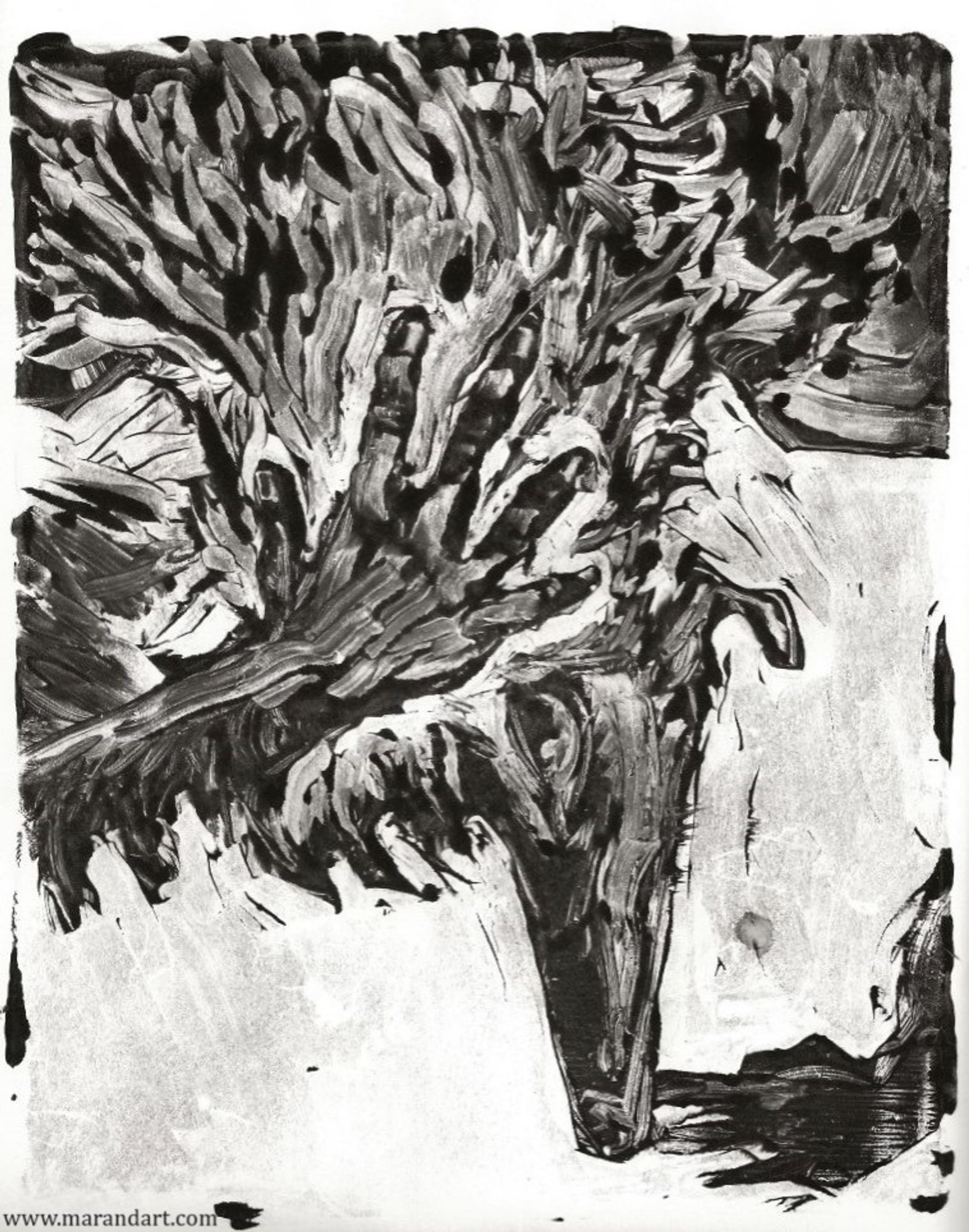 A rough and frantic black monotype print of an anthropomorphic borzoi crouched and displaying his hand over his head