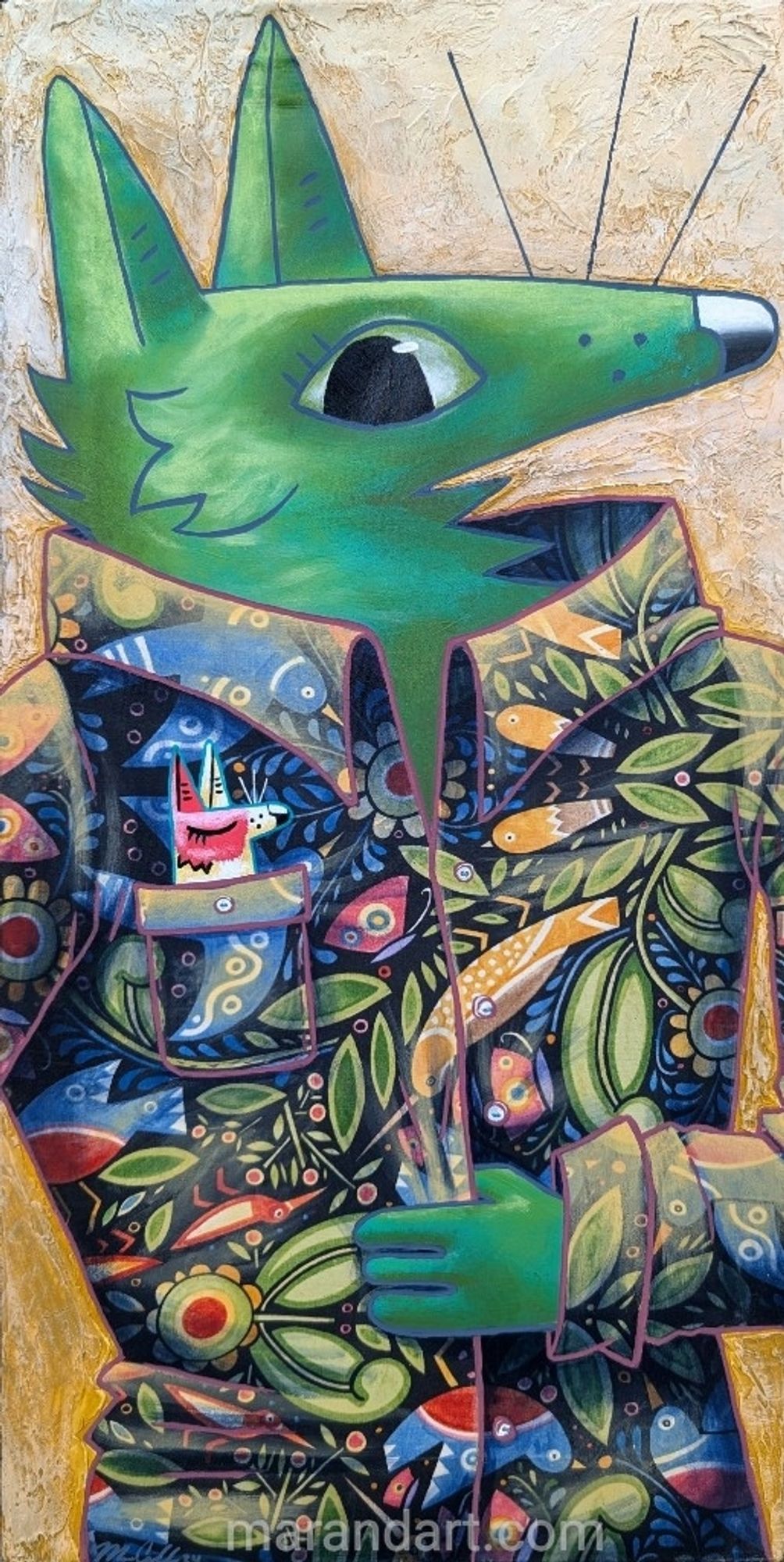 An acrylic painting of a green cartoon coyote figure dressed in a colorful patterned button-up. There is a smaller little coyote person in their front pocket.