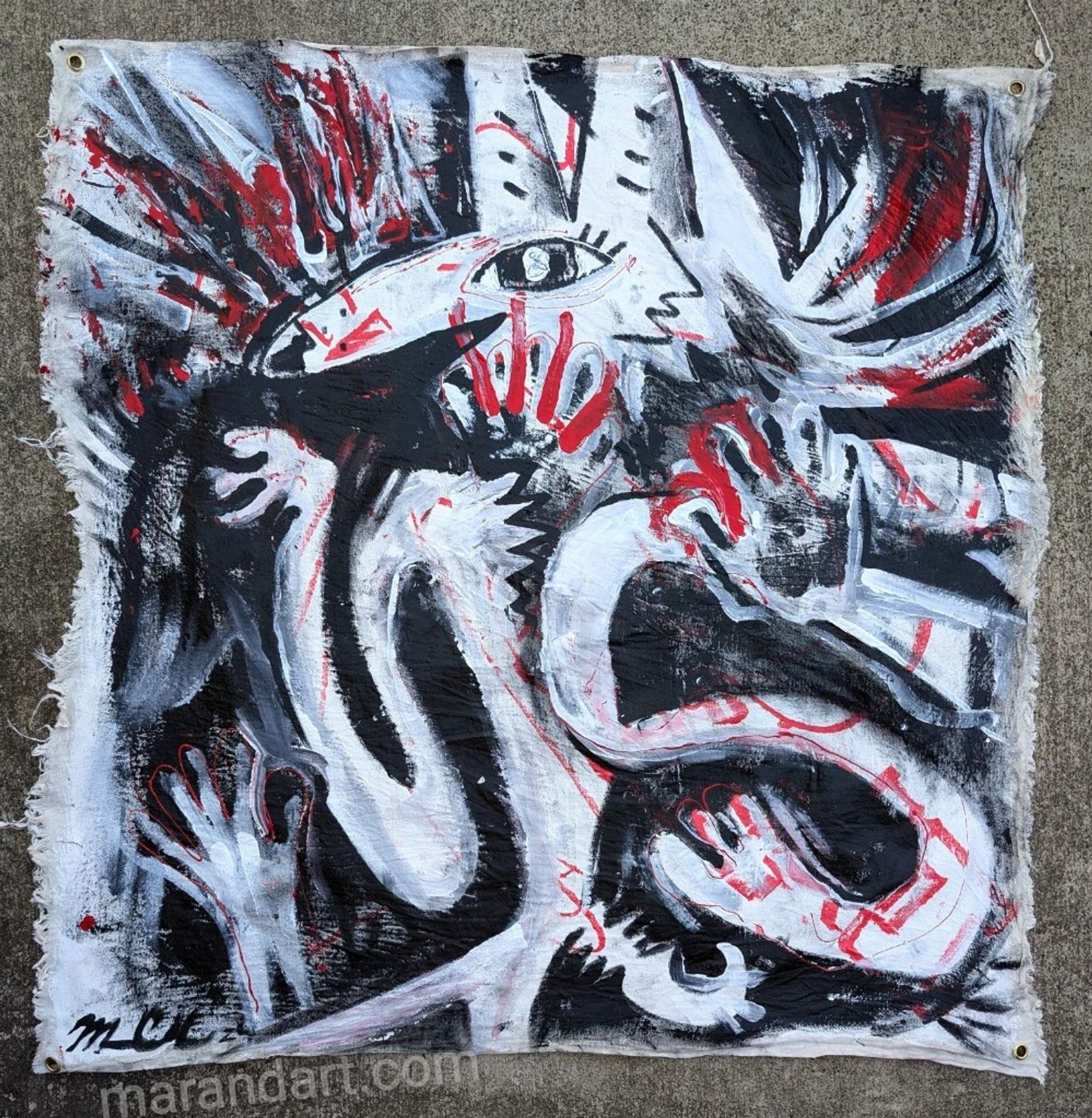 A black and white and red composition of a wiggle coyote with chaotic markmaking, smears, hand prints, painted on a ragged edged piece of linen