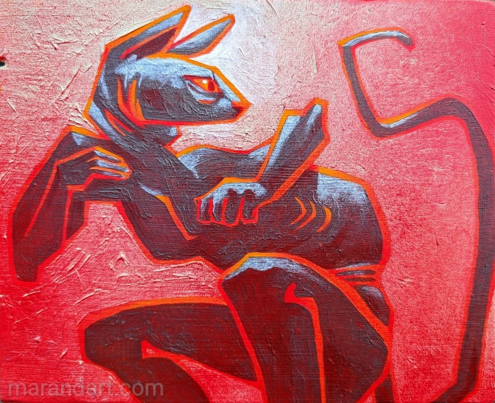 A traditional painting of a stylized anthropomorphic grey hairless cat with a bright direct overhead light source and shaded with bright red