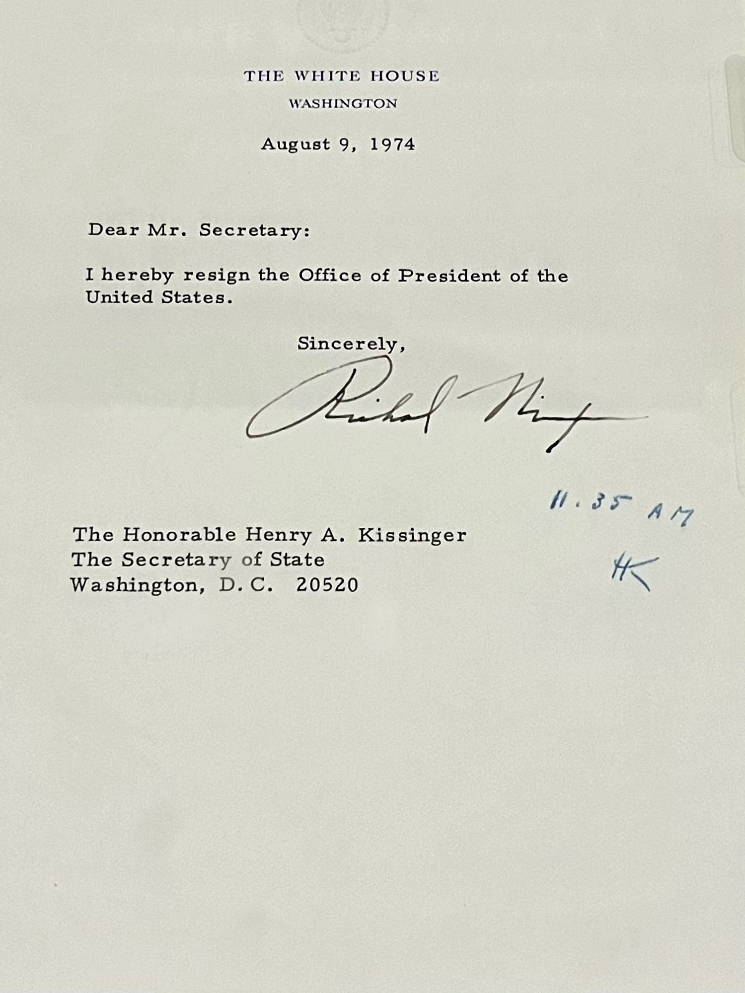 Richard Nixon’s resignation letter, dated August 9, 1974. Addressed to Secretary of State Henry Kissinger, it reads, in its entirety, “I hereby resign the Office of President of the United States.” Photo taken by the poster at the US National Archives, where it’s currently on display.