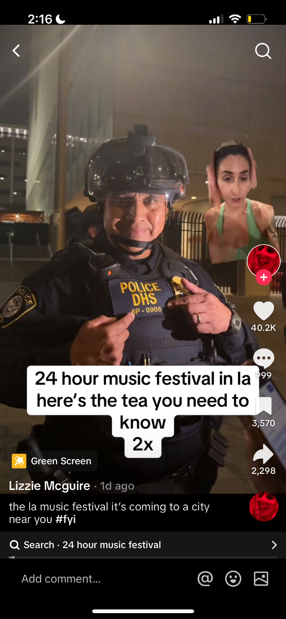 24 hour music festival here's the tea you need to know til tok video with a woman image overlaid on top of a fed in riot gear