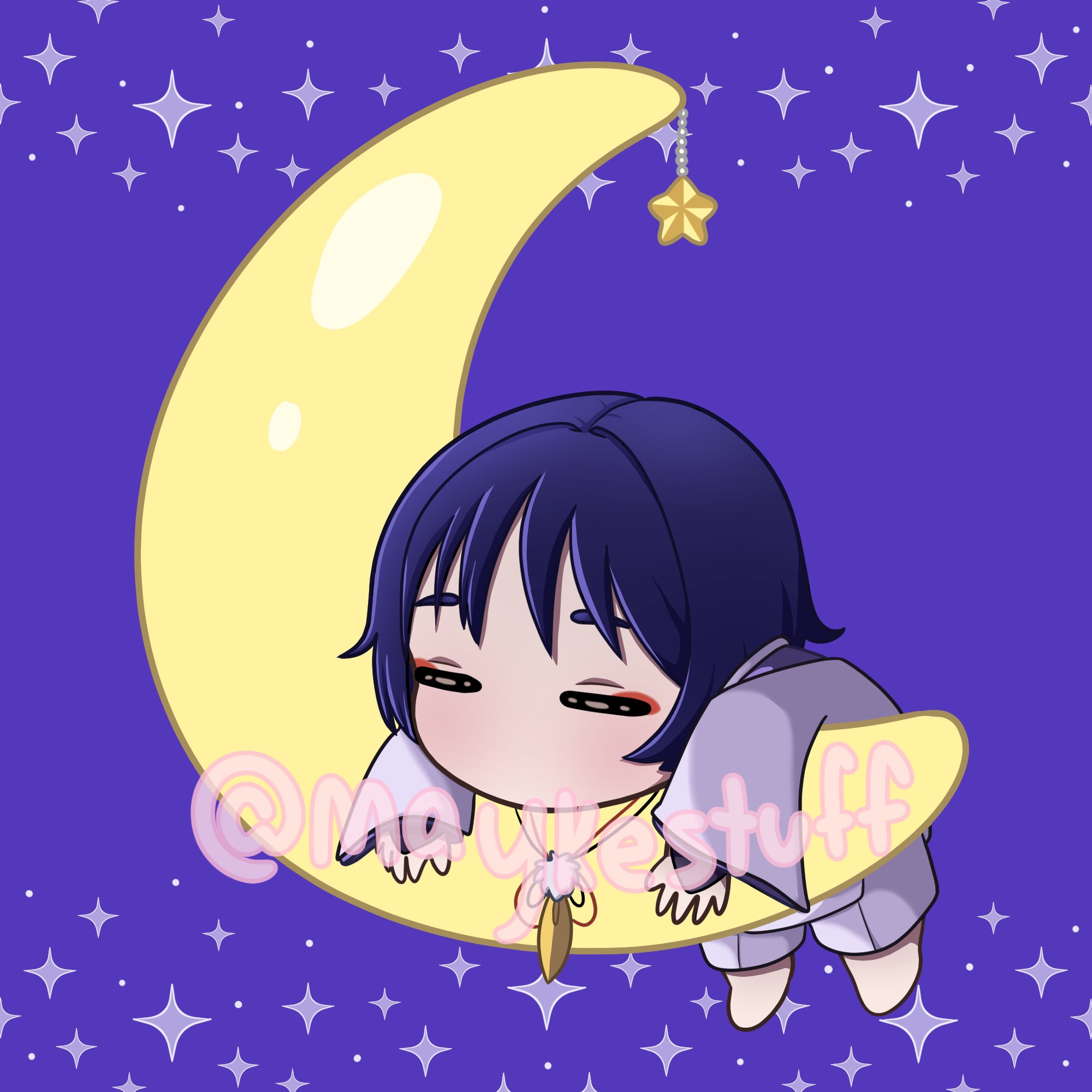 A chibi drawing of Kabukimono/Scaramouche from Genshin Impact sleeping on a crescent moon.