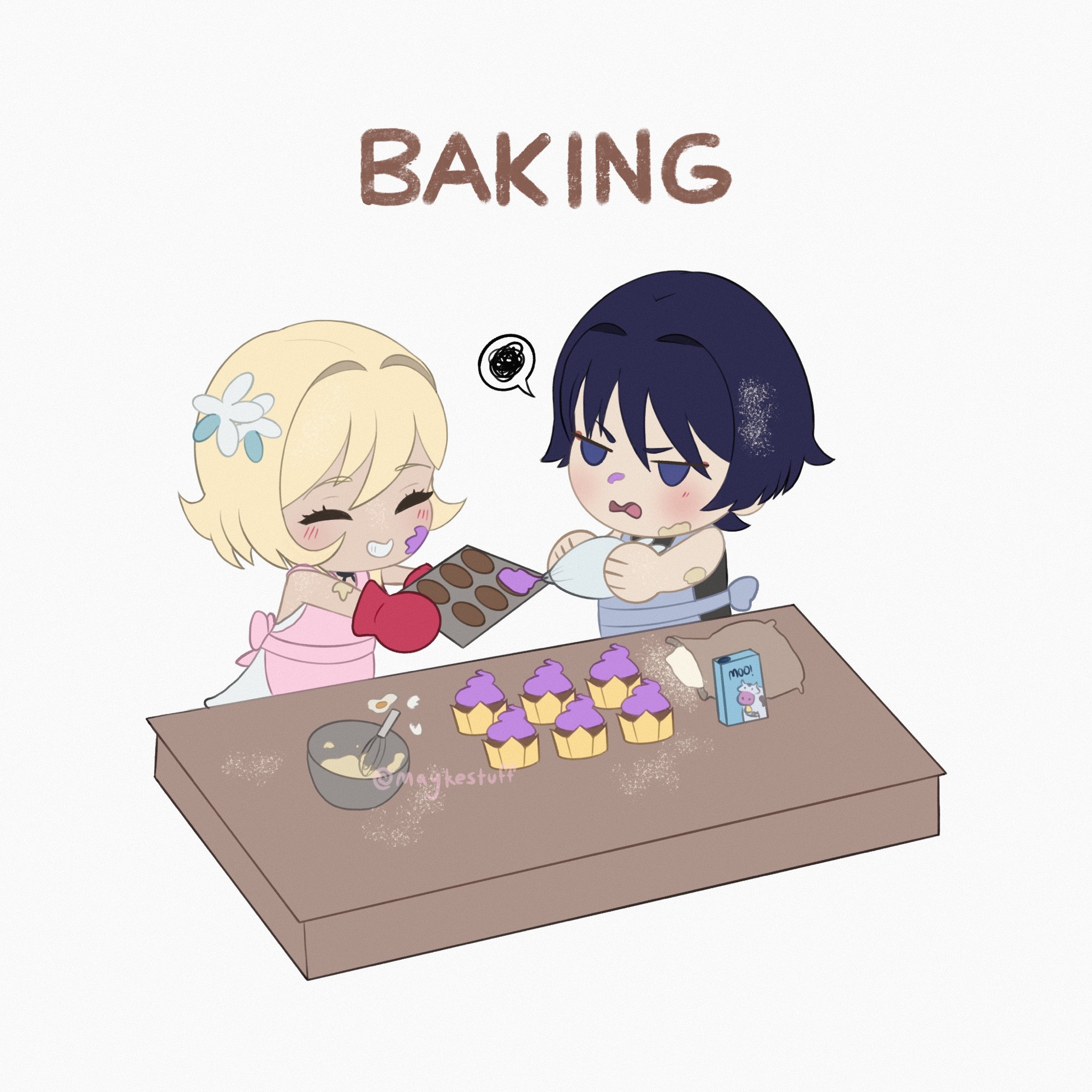 A chibi drawing of Wanderer/Scaramouche and Lumine from Genshin Impact Baking cupcakes. They’ve made a mess; Lumine is amused as she puts frosting on the cupcakes while Wanderer is annoyed while holding the tray.