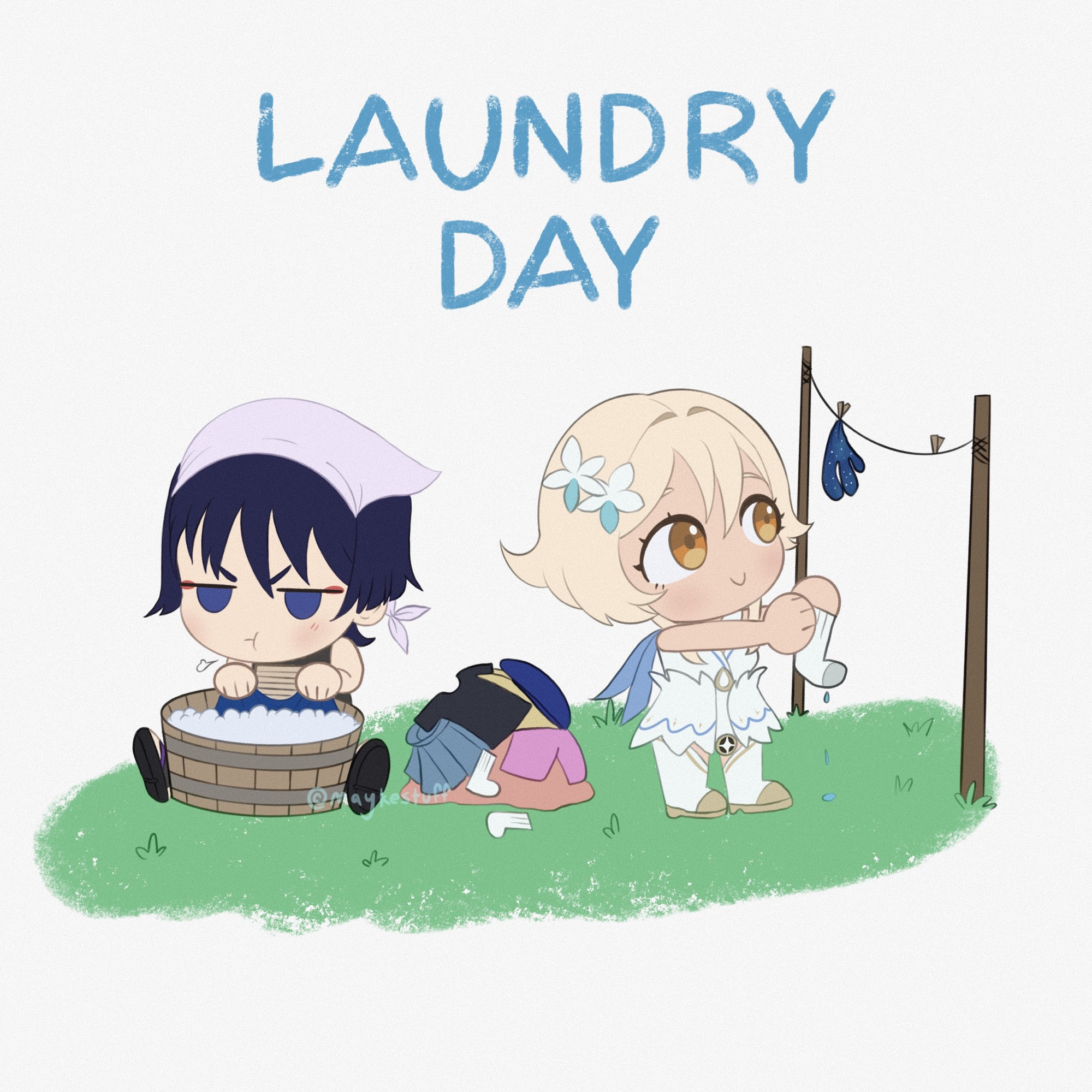 A chibi drawing of Wanderer/Scaramouche and Lumine from Genshin Impact doing Laundry. Wanderer grumpily washes clothes while Lumine hangs them to dry.