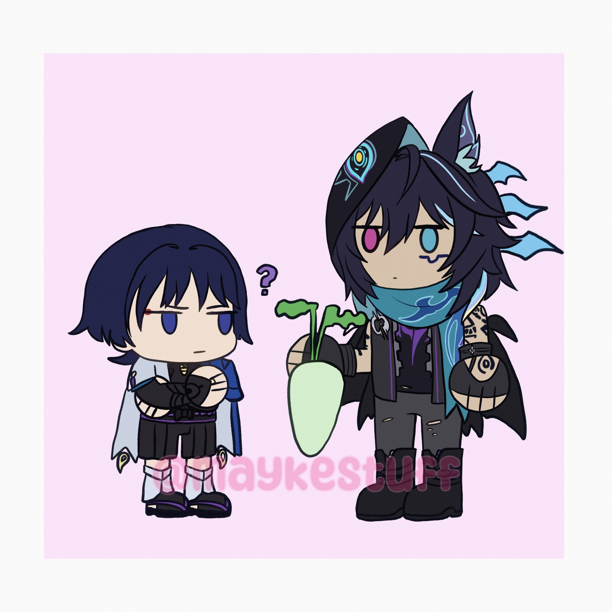 A chibi drawing of Wanderer/Scaramouche and Ororon from Genshin Impact. Ororon holds a radish.