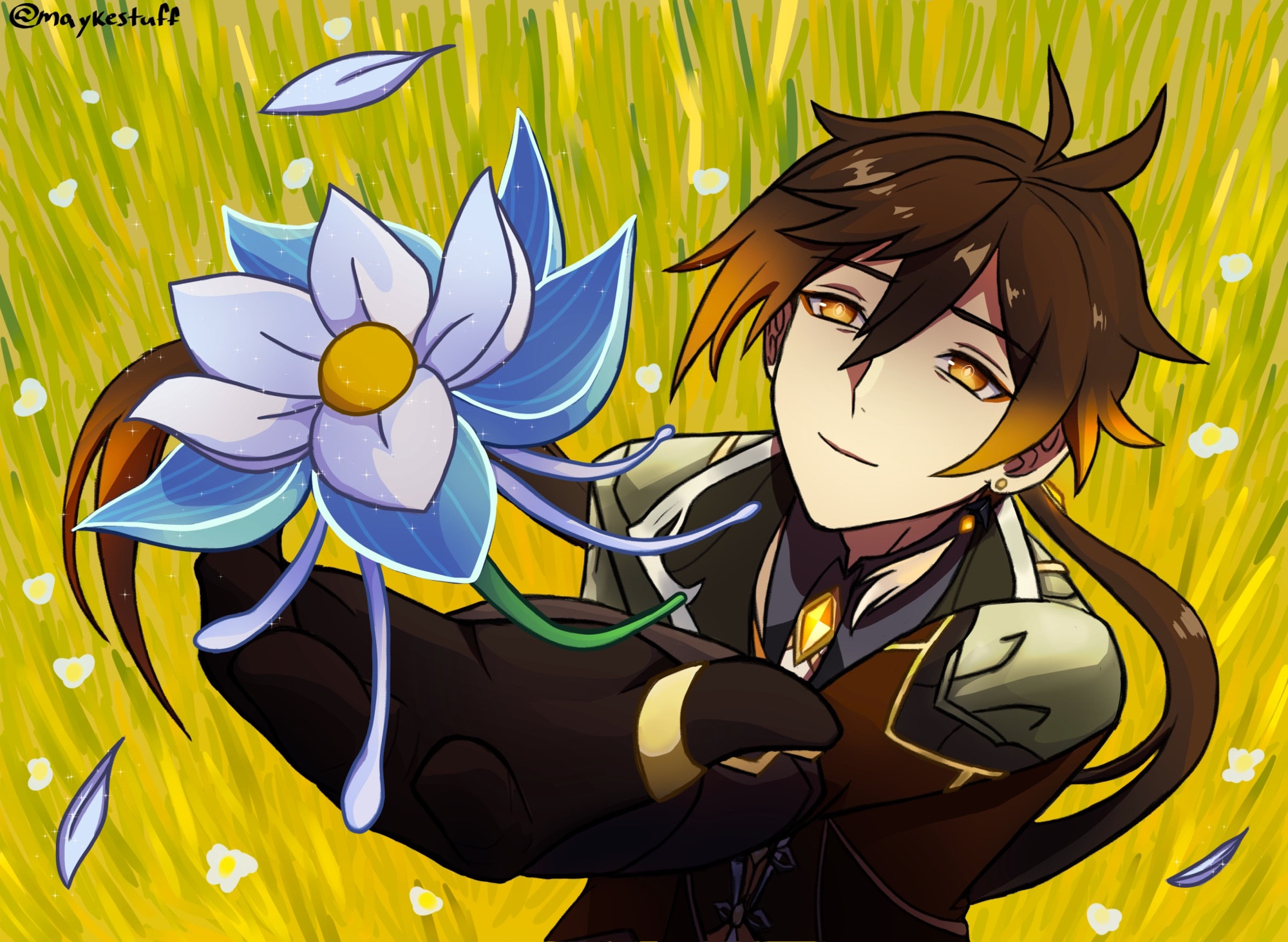 The character of Genshin Impact Zhongli smiling reaching for a flower blowing in the wind, known as the Glaze Lily.