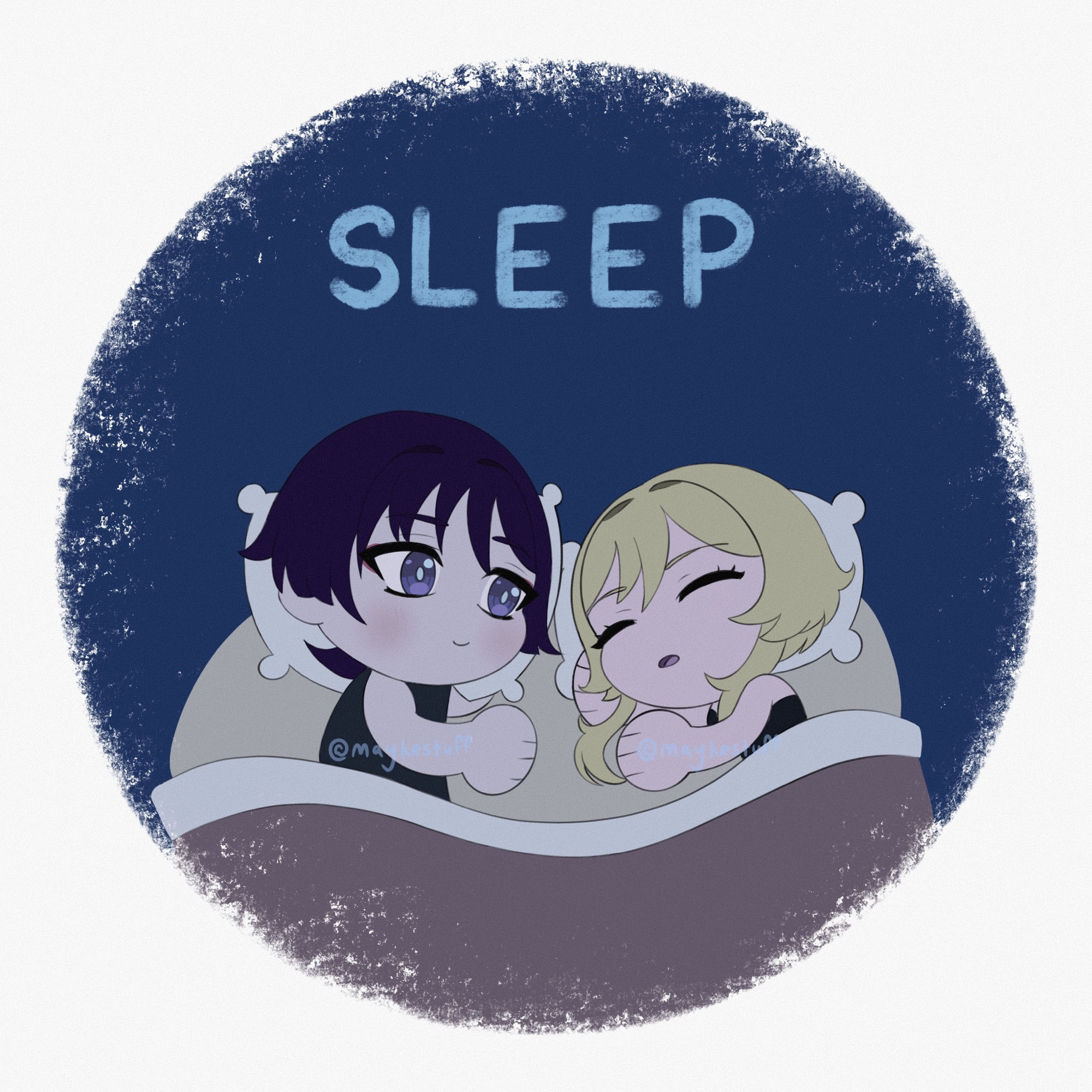 A chibi drawing of Wanderer/Scaramouche and Lumine from Genshin Impact in bed. Wanderer watches Lumine Sleep with a smile on his face.