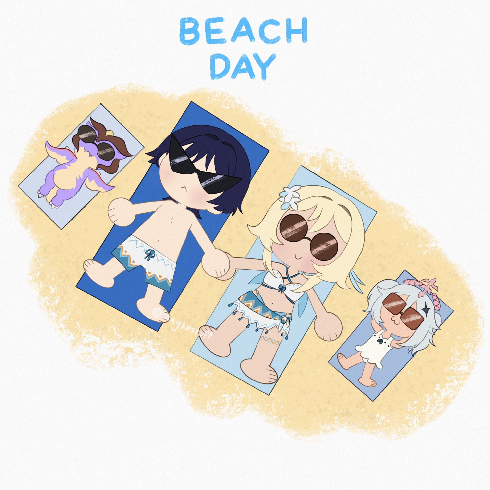 A chibi drawing of Wanderer/Scaramouche and Lumine from Genshin Impact sunbathing with Paimon and Mini Durin on a Beach Day. Lumine and Wanderer hold hands.