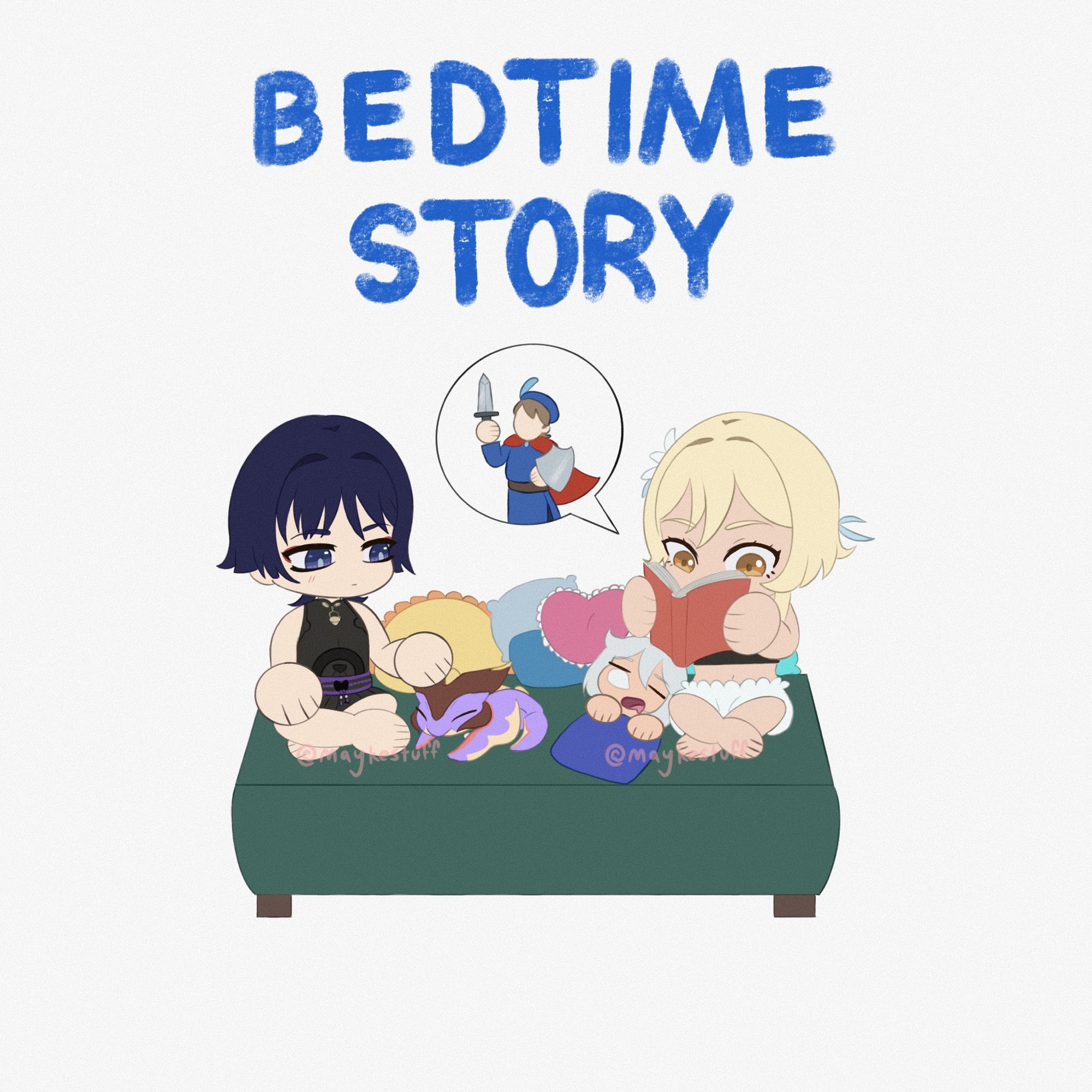 A chibi drawing of Wanderer/Scaramouche and Lumine from Genshin Impact reading a Bedtime Story for Mini Durin and Paimon to fall asleep. Lumine reads from a storybook while Wanderer pets Mini Durin.