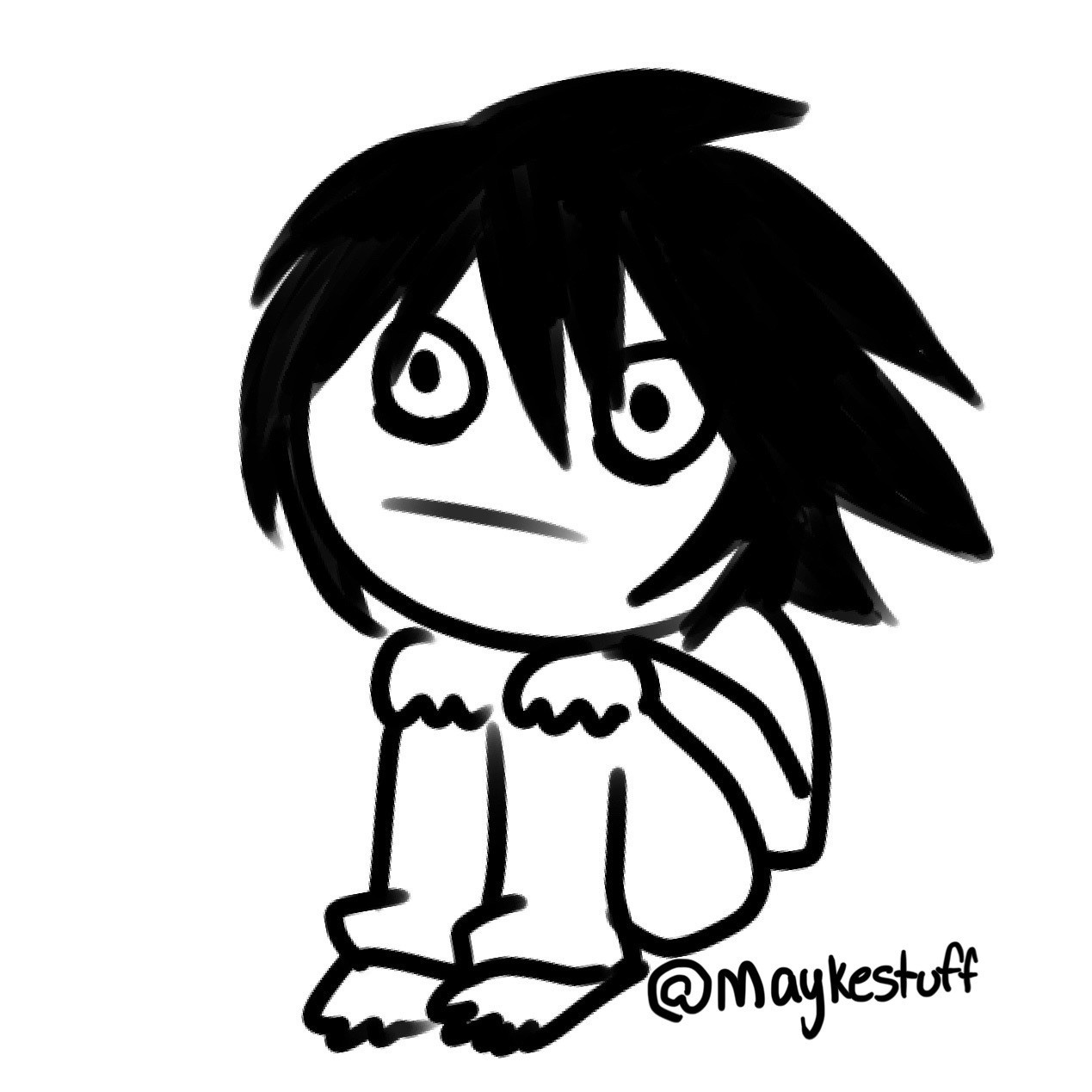 A doodle of L from Death Note sitting in his signature pose while staring blankly.