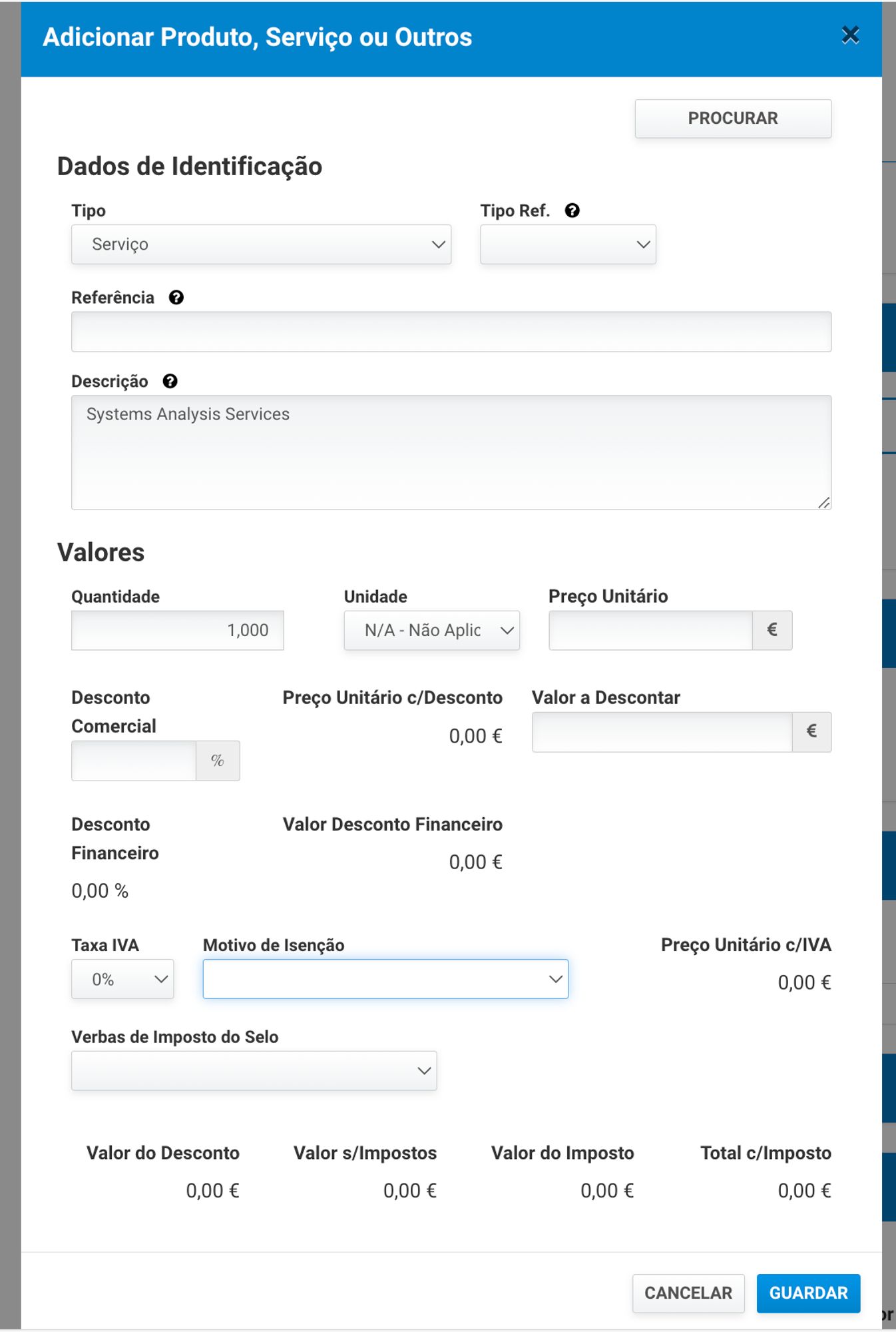 screenshot of an online form in european portuguese, requesting row item details for an invoice.