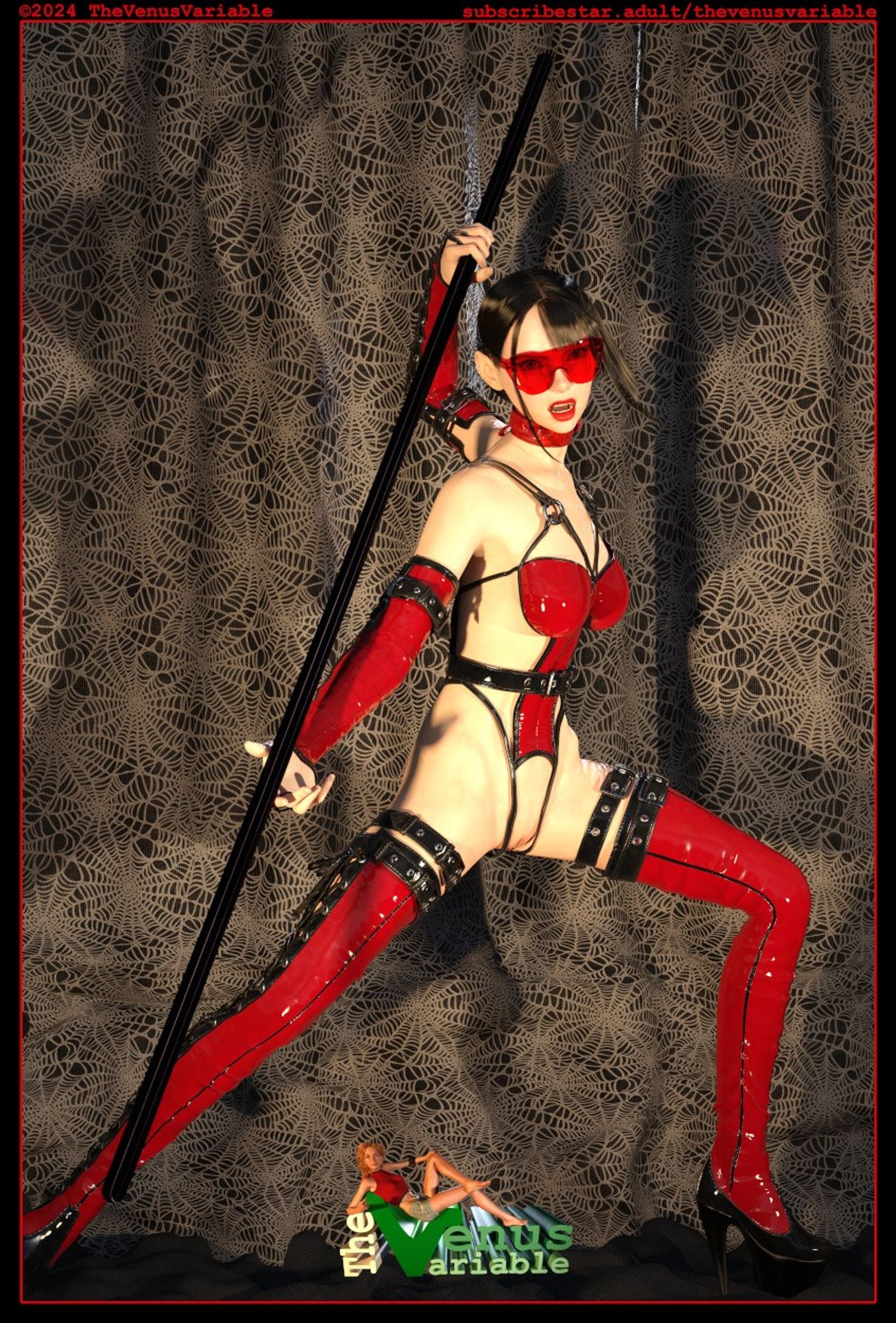 A woman in red latex fetish gear brandishes a fighting staff. There are stylized spiderwebs in the background.