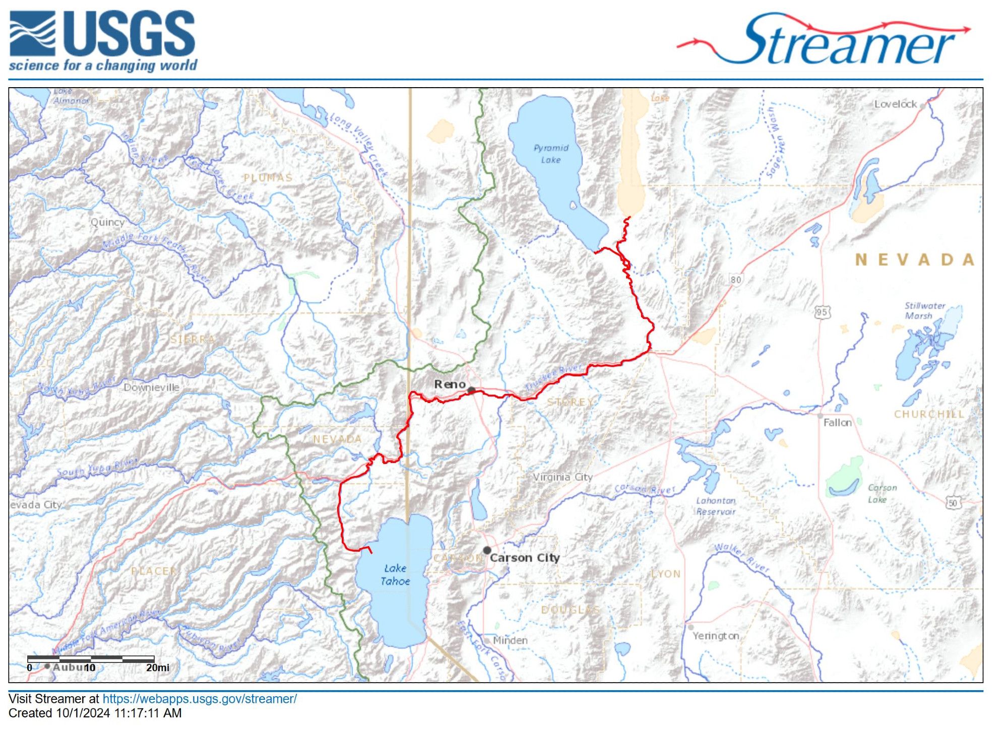 A map showing the path of water from Lake Tahoe to Pyramid Lake along the Truckee River in red. It is on the border of Nevada and California. The map is produced by USGS Streamer.