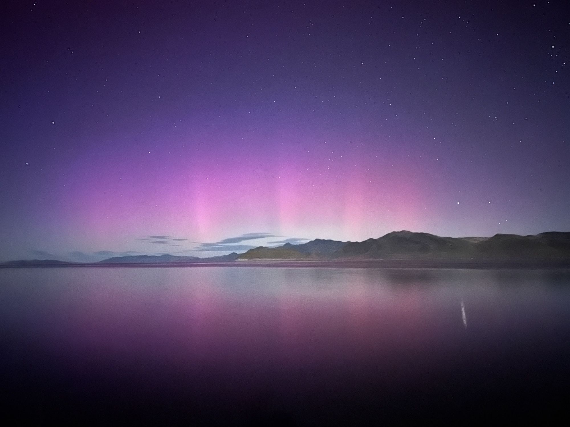 The aurora borealis above a desert lake. There’s desert hills in the background with the sky mainly pink with some bands of lighter colors.