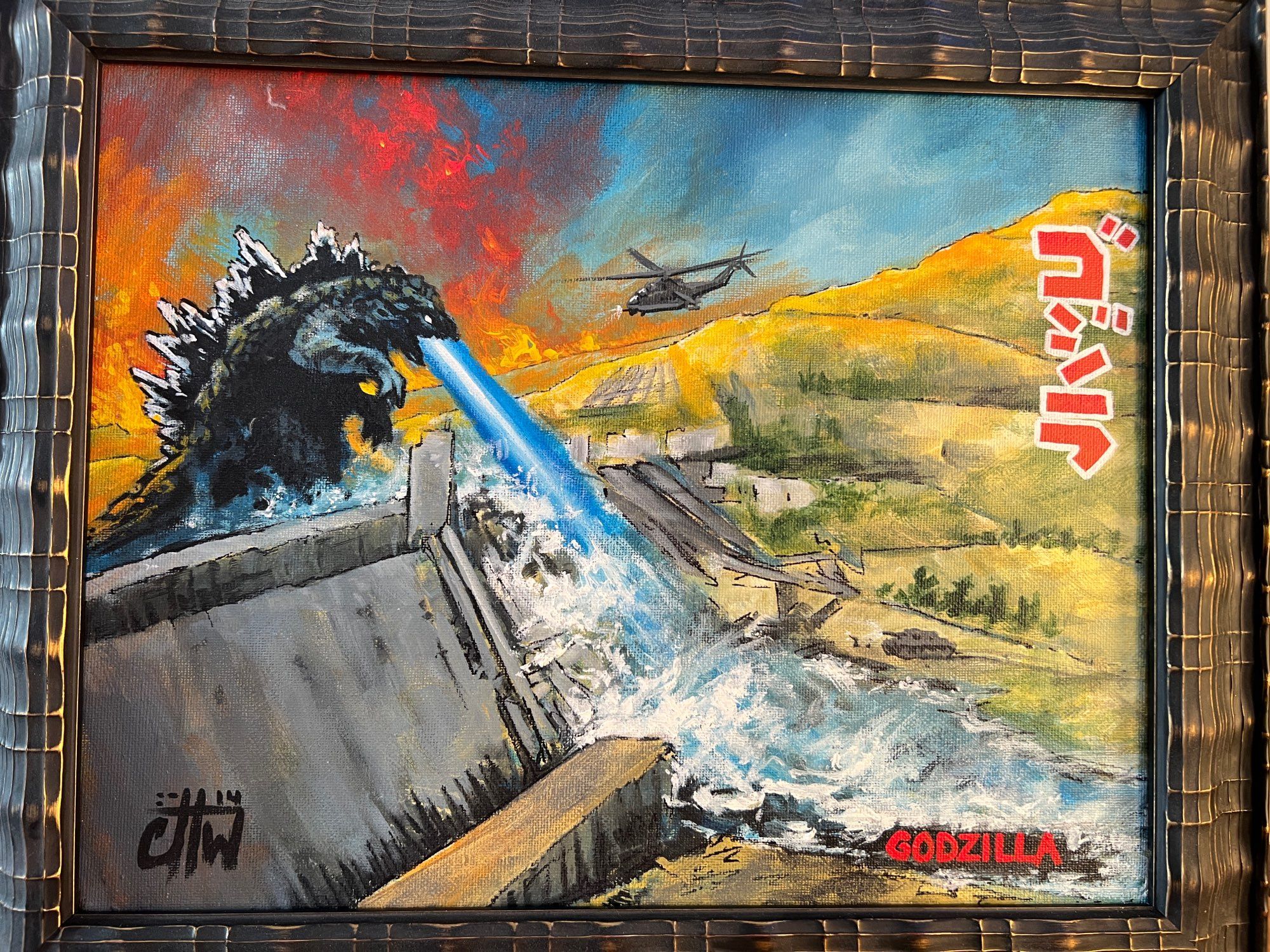 An acrylic painting of Godzilla ゴジラ destroying the Grand Coulee Dam in Washington along the Columbia River. There is fire being blown from Godzilla’s mouth and a helicopter is flying through flames on a grassy hillside. Water is pouring out of the damaged dam.