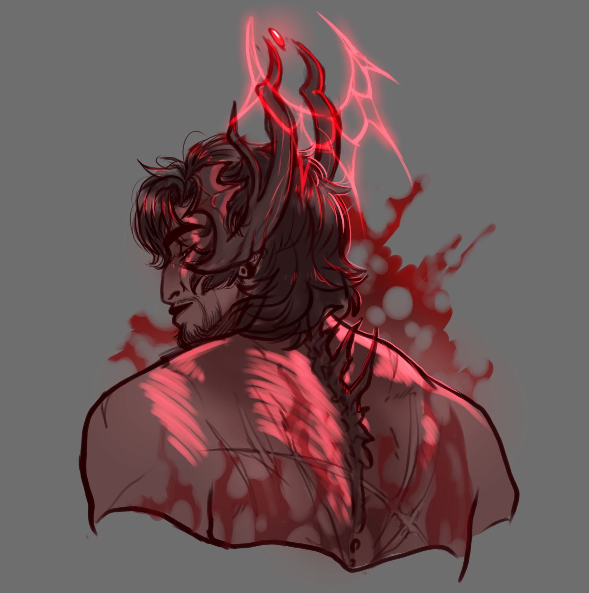 Digital drawing of Clive with a crown on his head of inverted Ifrit horns. We view him from the back as he glances over his (viewers left) shoulder. Expression confident as spines crawl up his spine and a sprawl of blood smears up his back and shoulders.