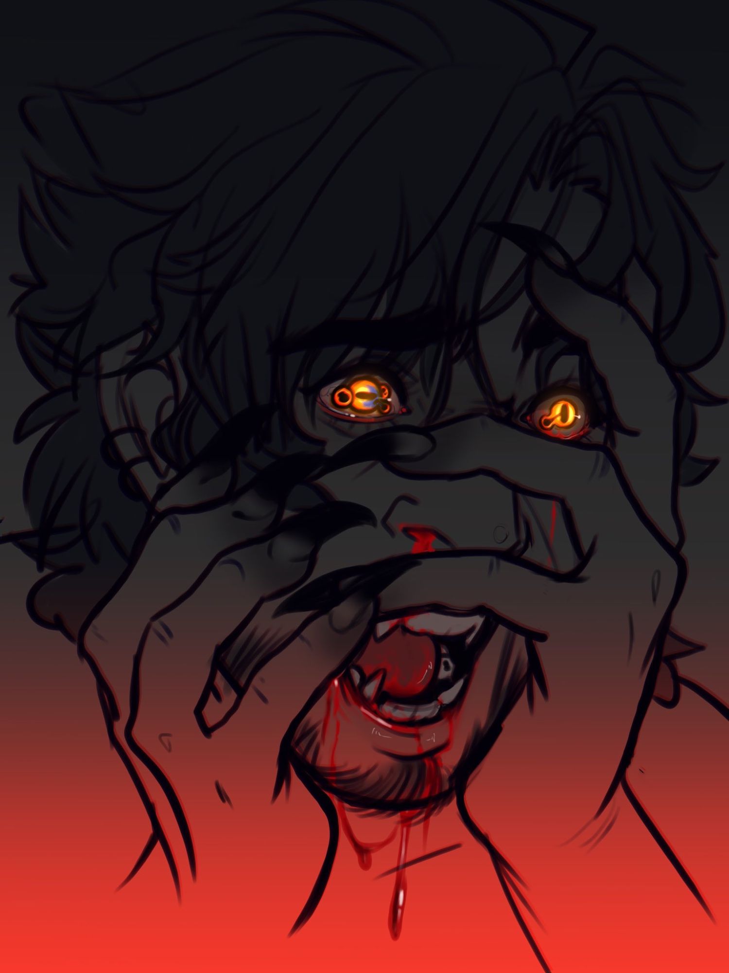 Digital drawing of Clive Rosfield clutching at his face as he screams with blood on his teeth and running down his chin. Claws darken his finger tips as his eyes multiply and mutate. The viewers left eye has four within it and the right two.